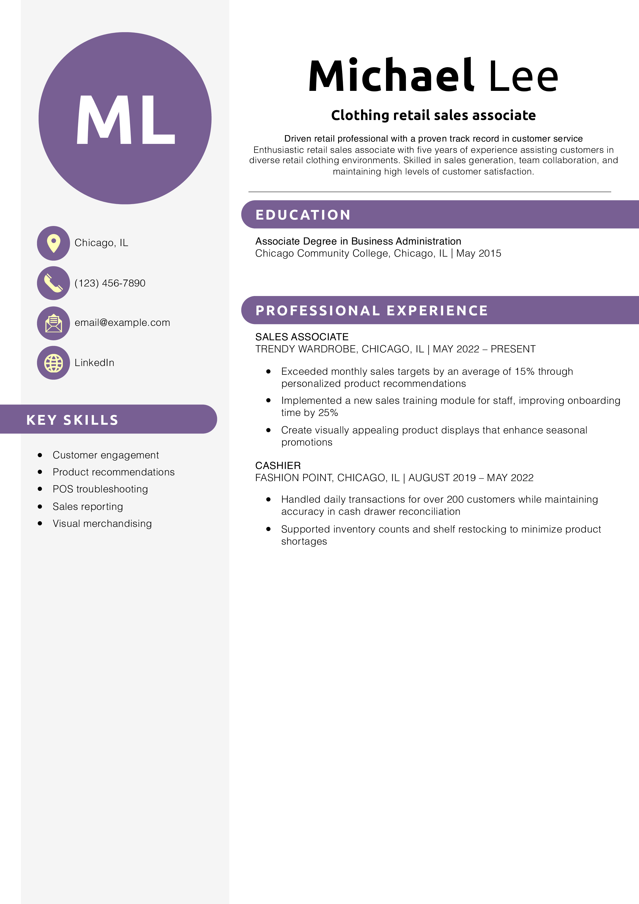 Clothing retail sales associate resume