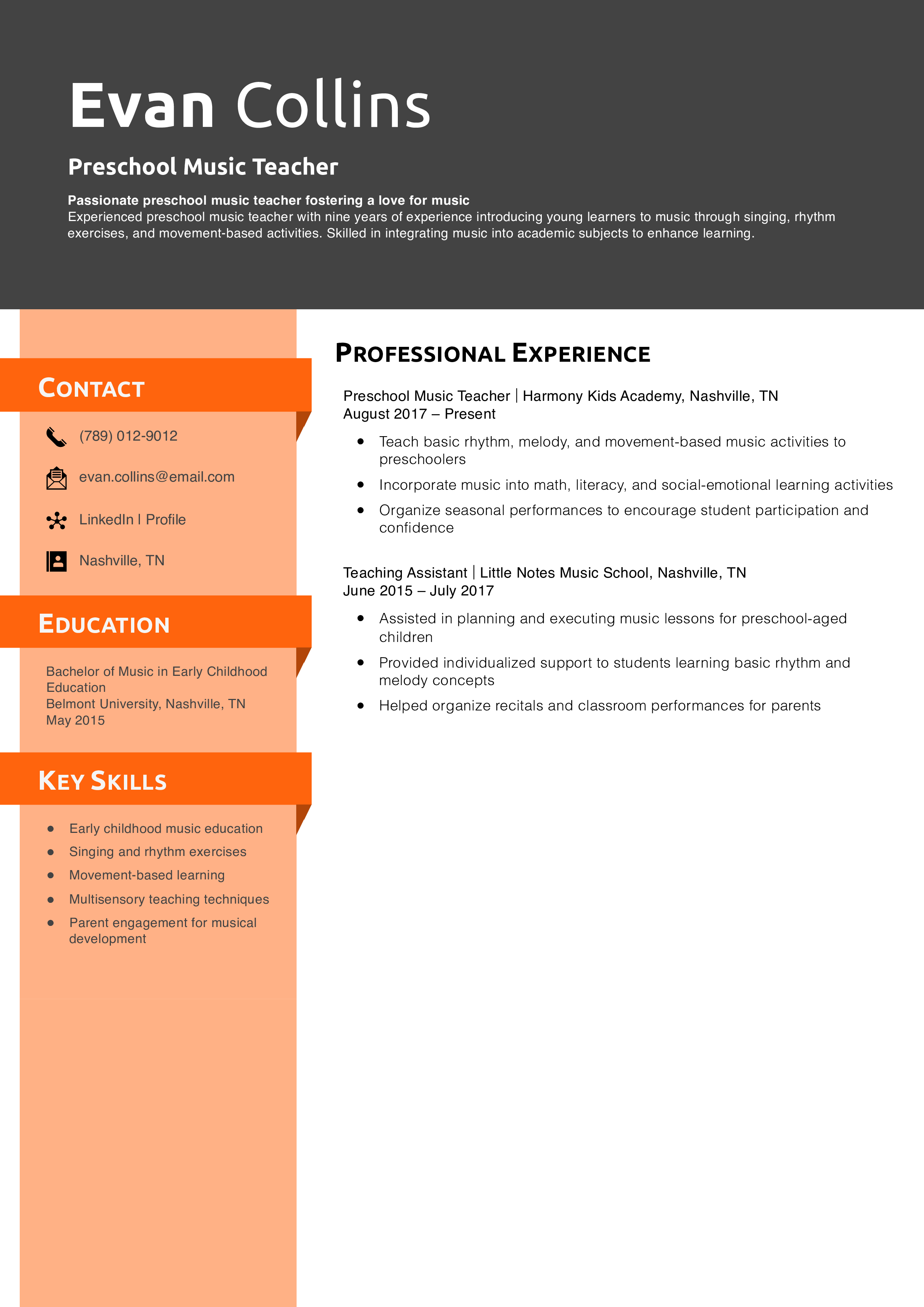 Preschool Music Teacher Resume