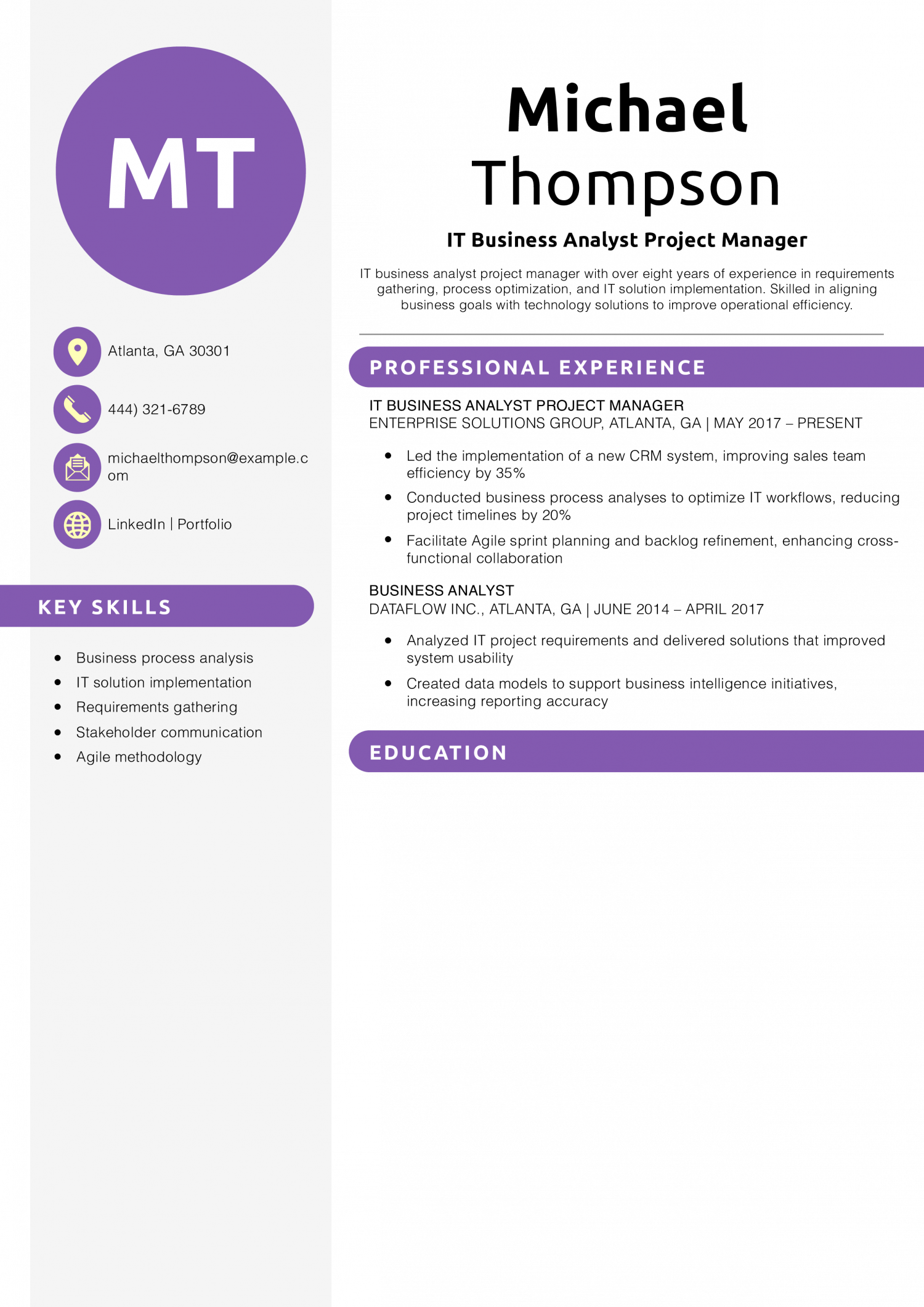 IT Business Analyst Project Manager Resume Example