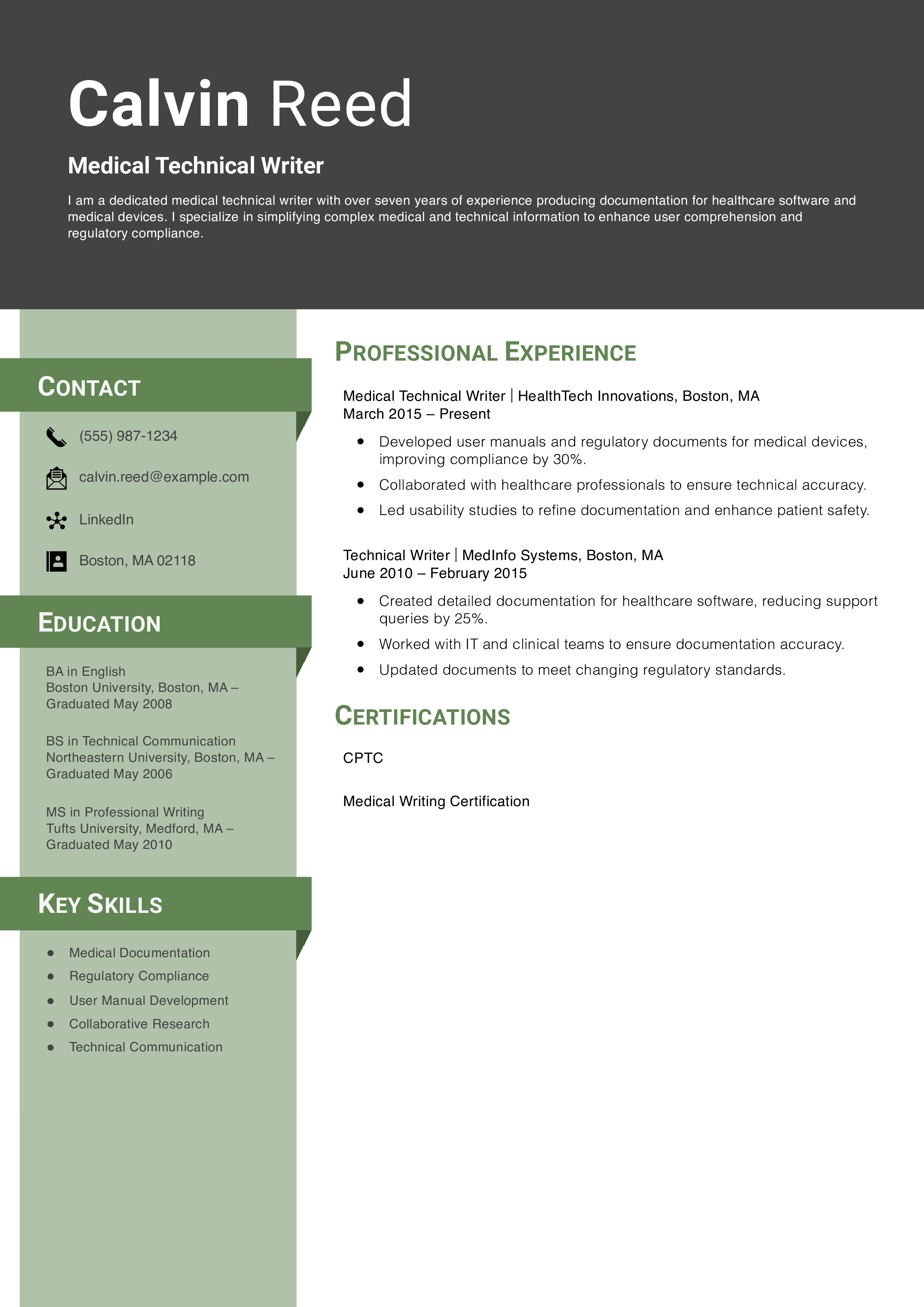 Medical Technical Writer Resume Example