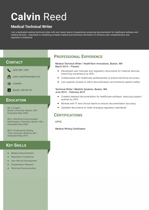Medical Technical Writer Resume Example