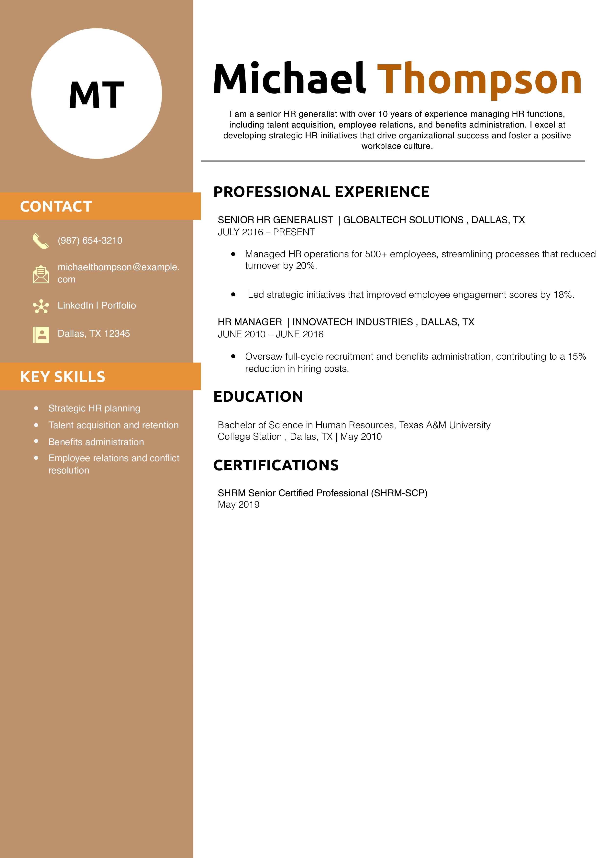 Senior HR Generalist Resume Example