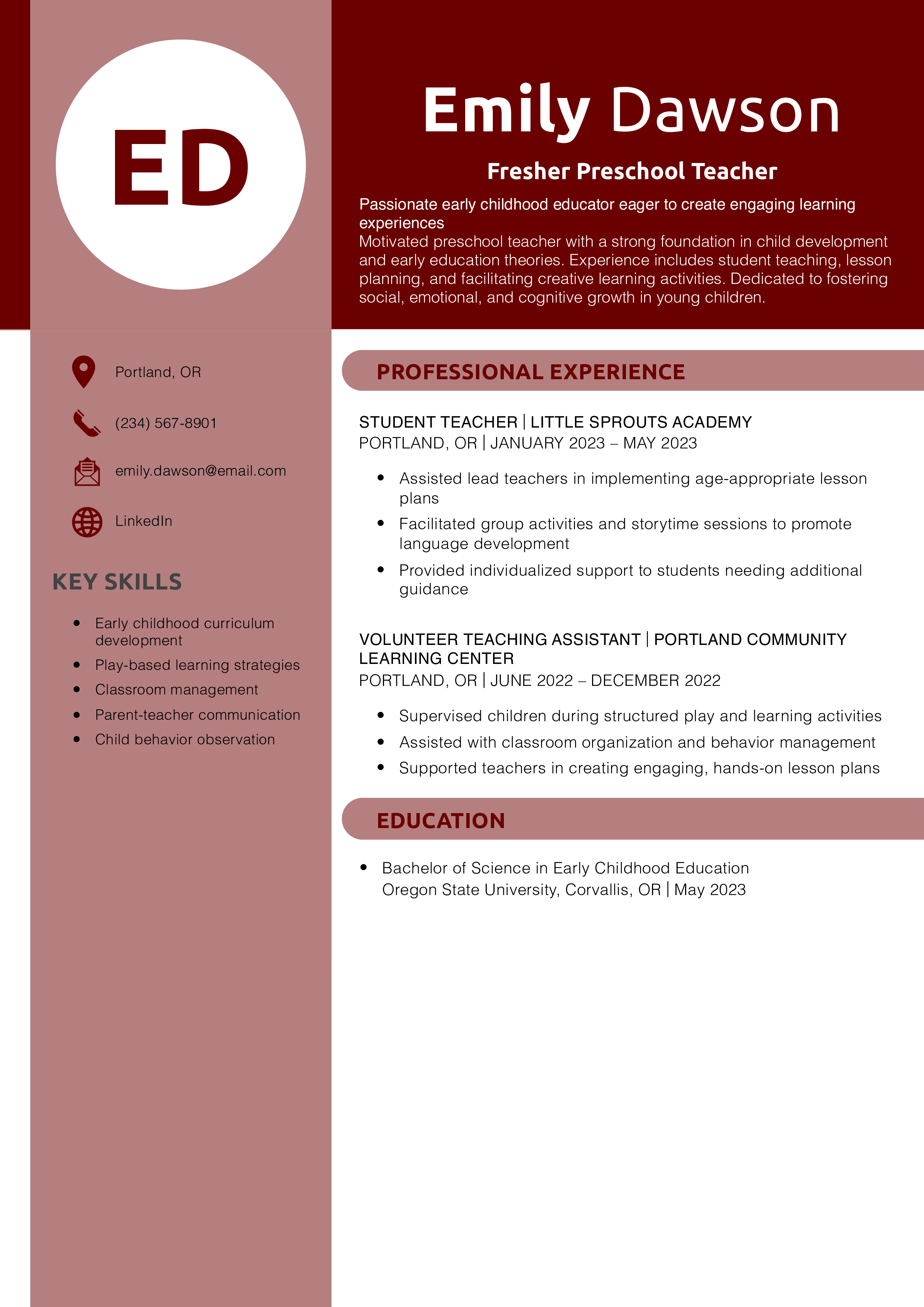 Fresher Preschool Teacher Resume