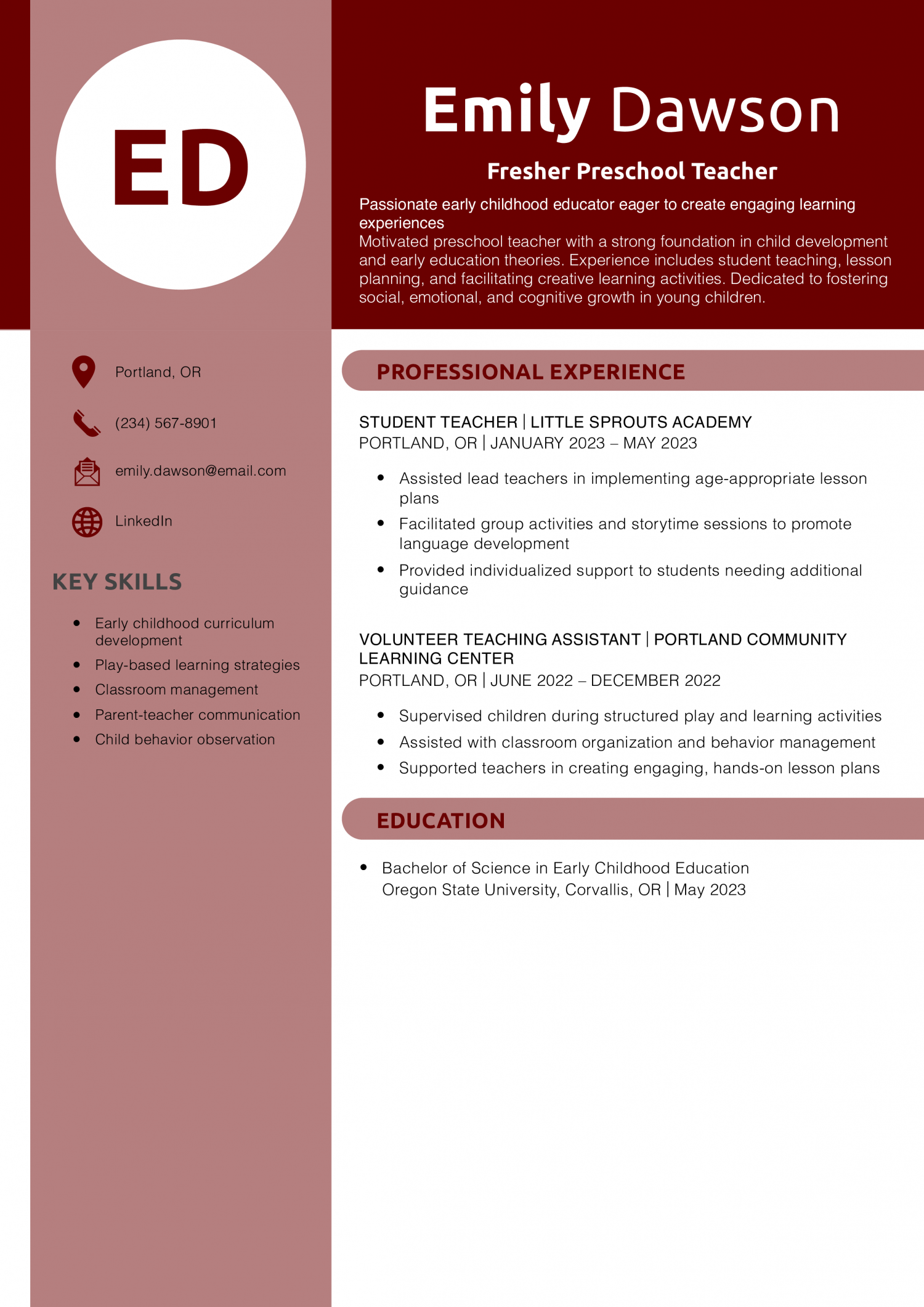Fresher Preschool Teacher Resume