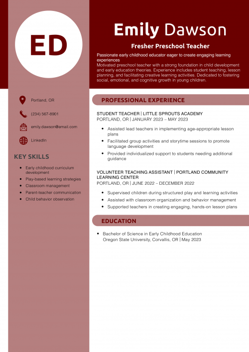 Fresher Preschool Teacher Resume