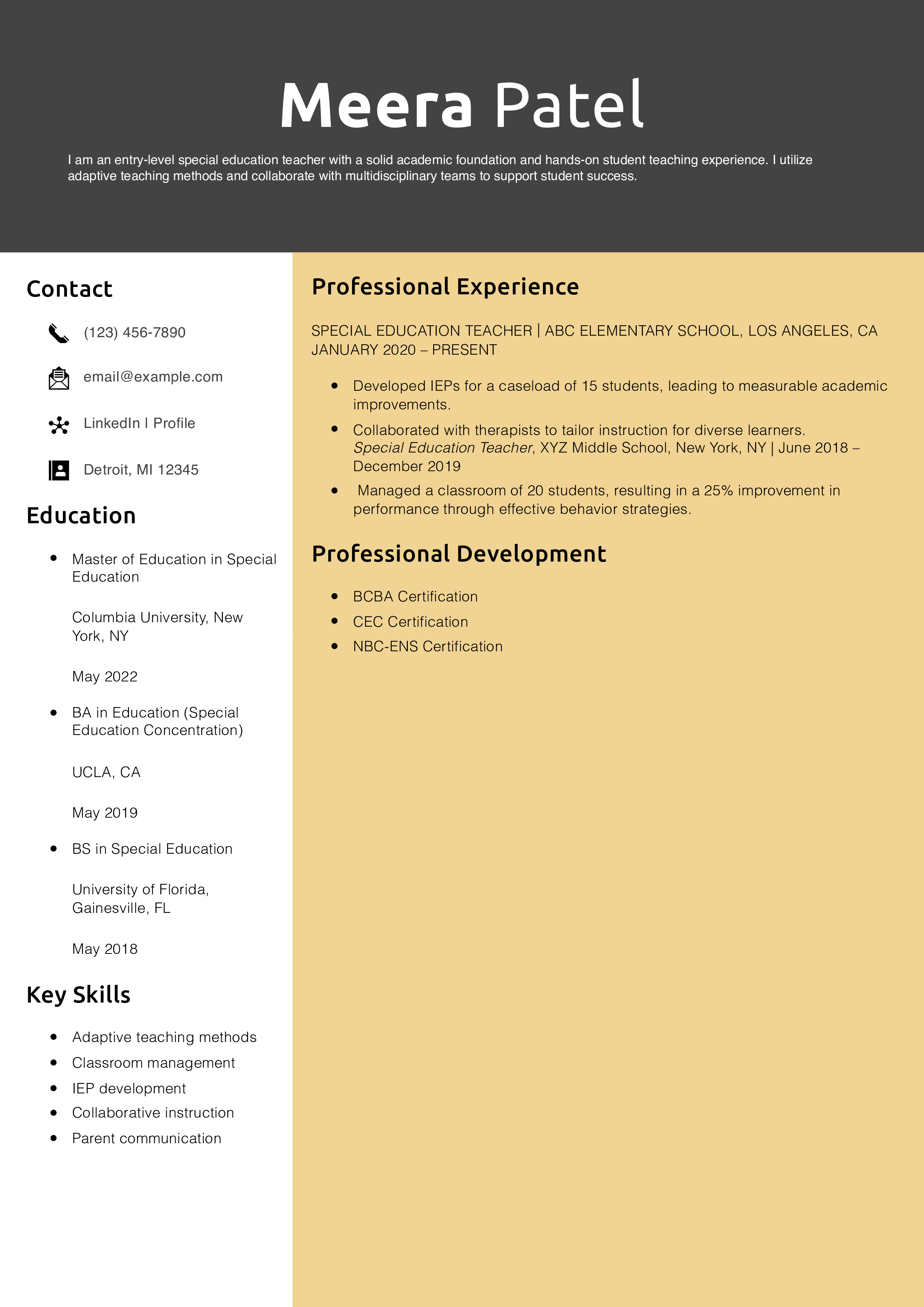 Entry-Level Special Education Teacher Resume Example