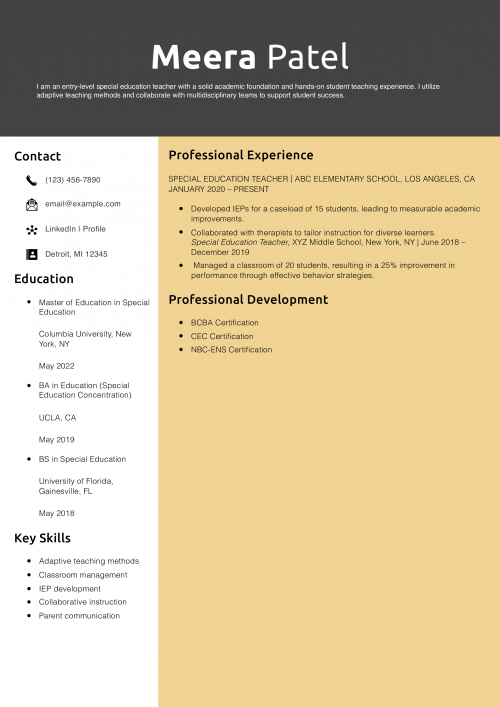 Entry-Level Special Education Teacher Resume Example