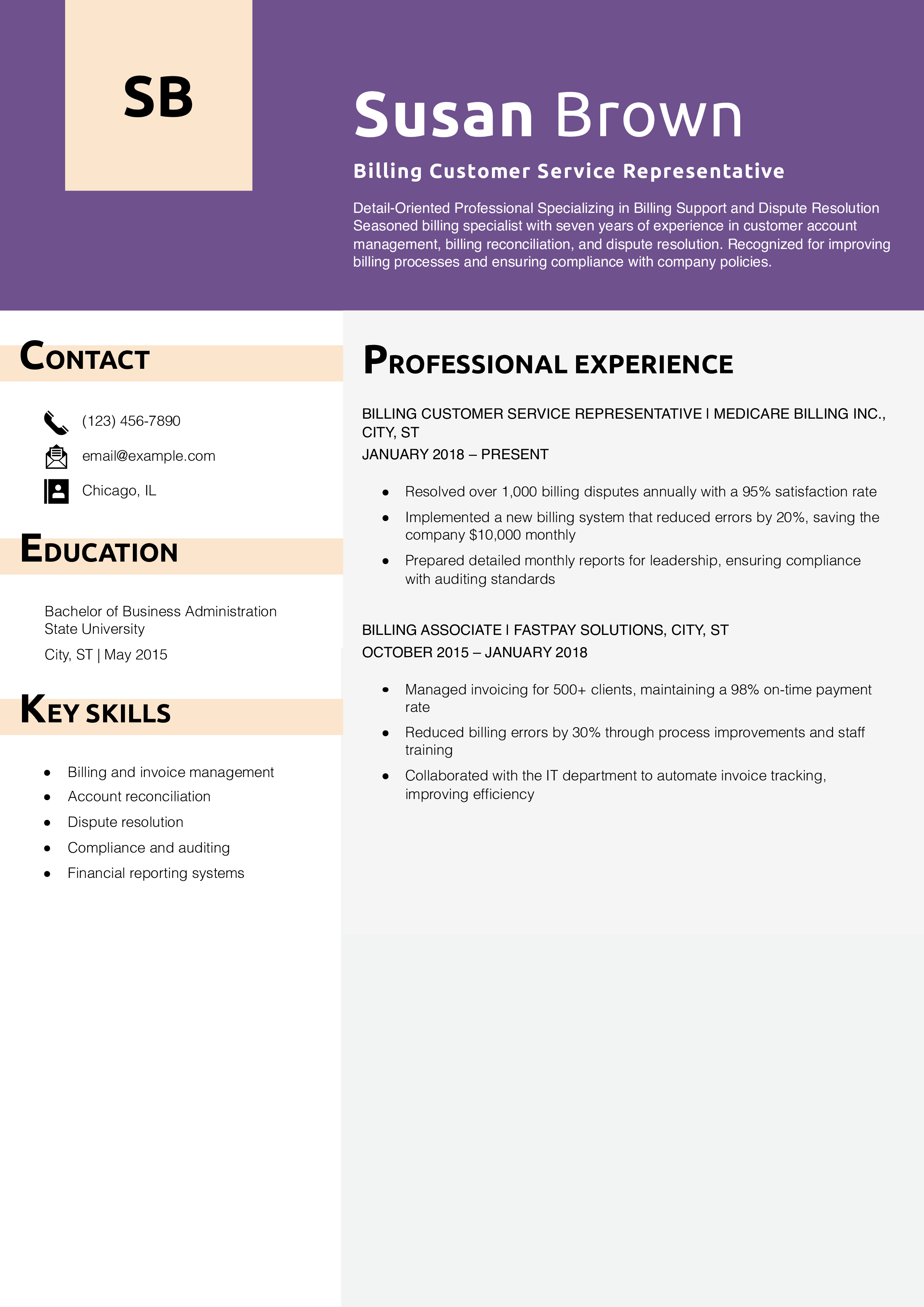 Billing Customer Service Representative Resume Example