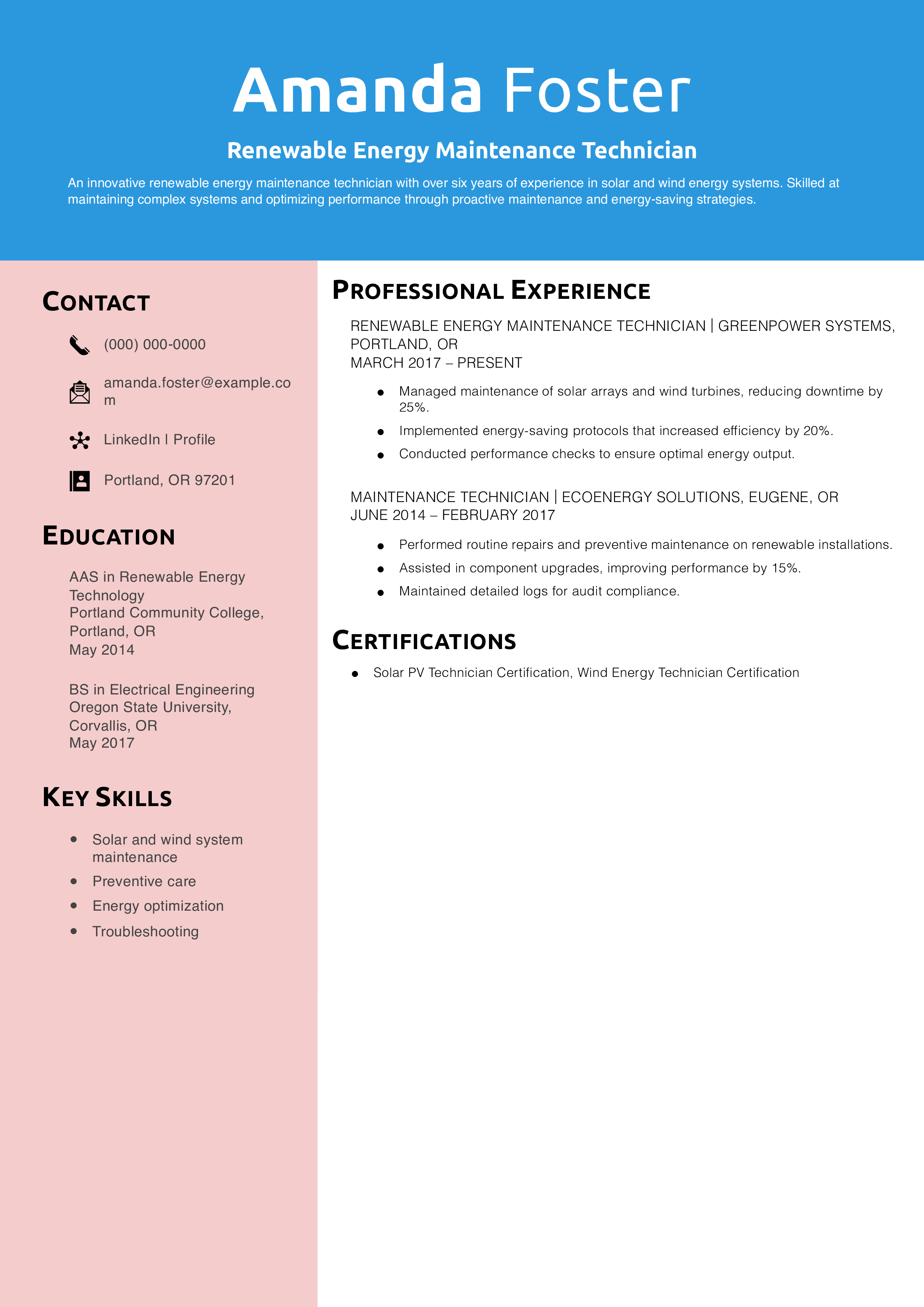 Renewable Energy Maintenance Technician Resume Example