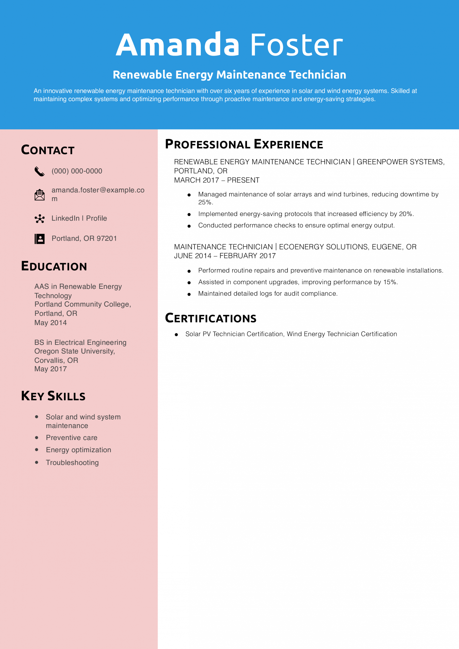 Renewable Energy Maintenance Technician Resume Example