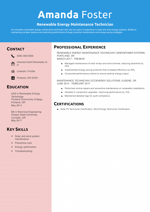 Renewable Energy Maintenance Technician Resume Example