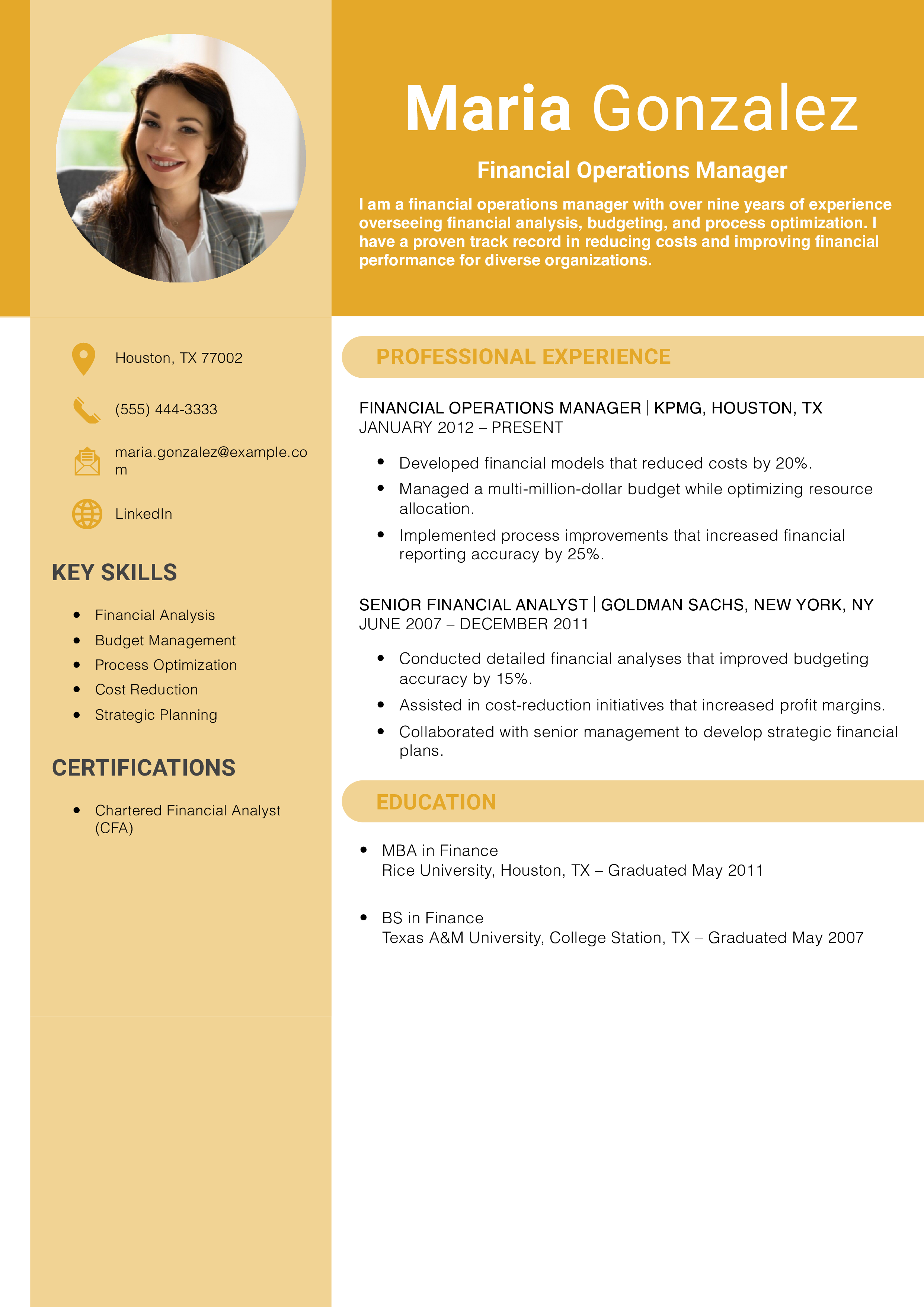 Financial Operations Manager Resume Example