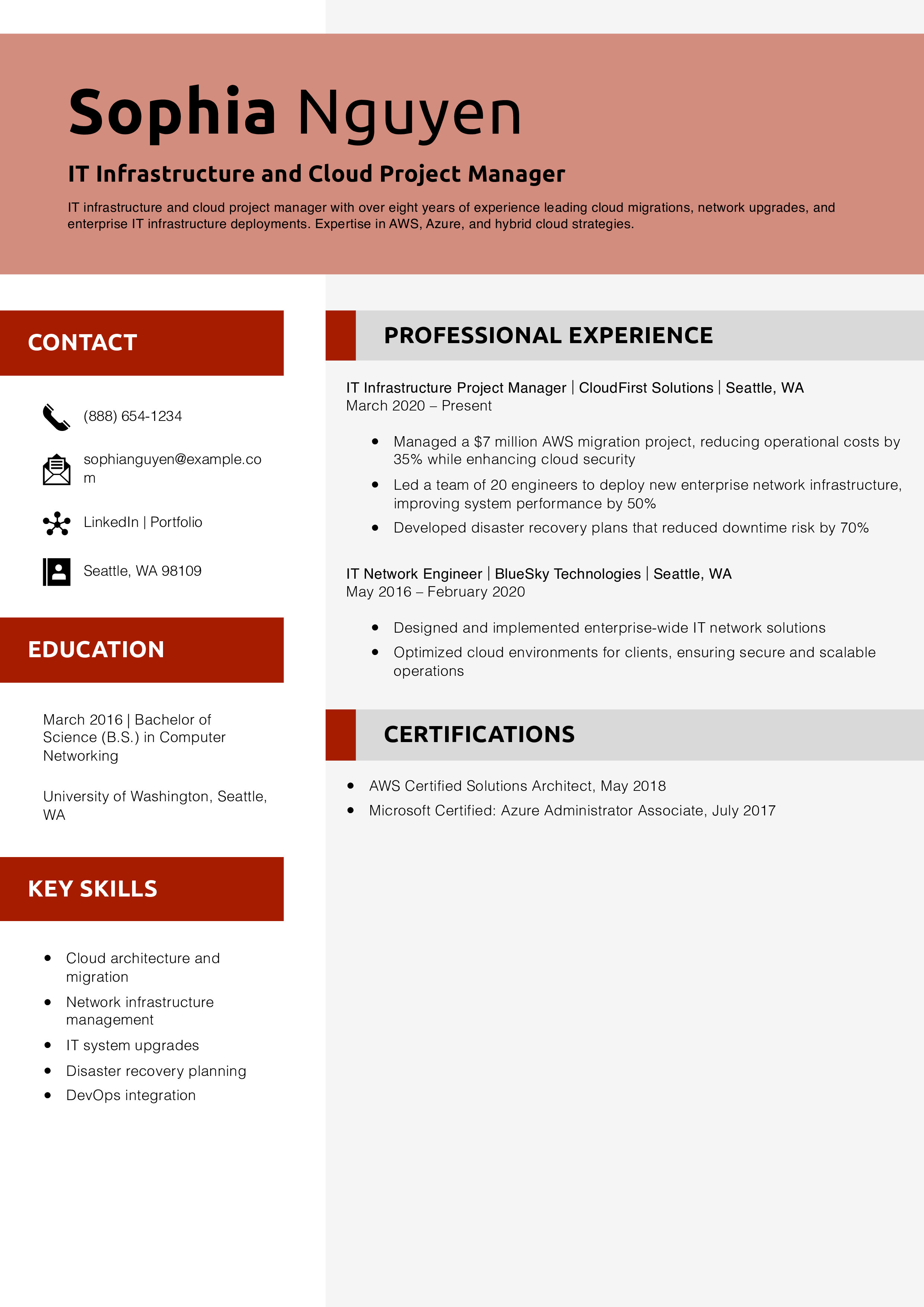 IT Infrastructure and Cloud Project Manager Resume Example