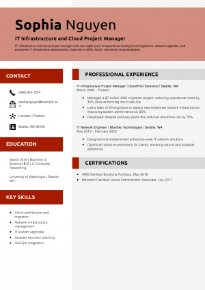 IT Infrastructure and Cloud Project Manager Resume Example
