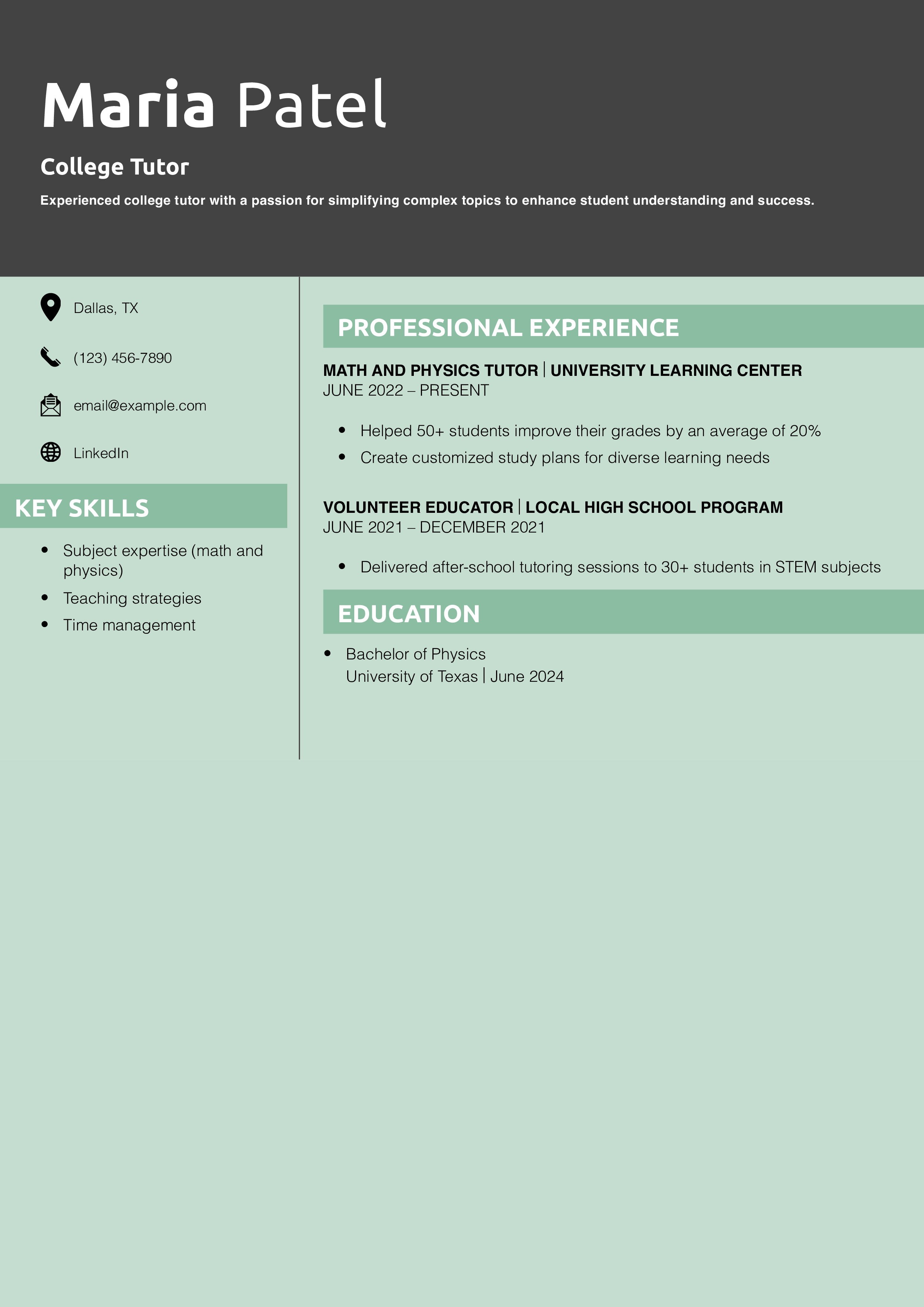 College Tutor Resume Example