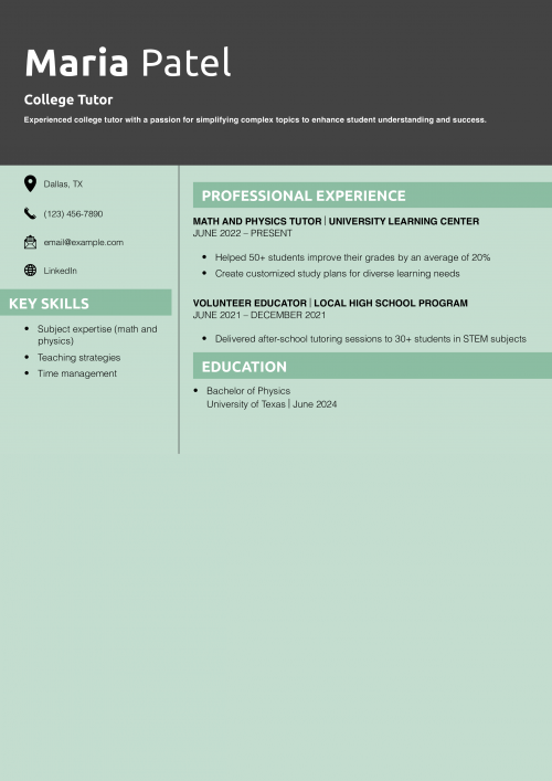 College Tutor Resume Example
