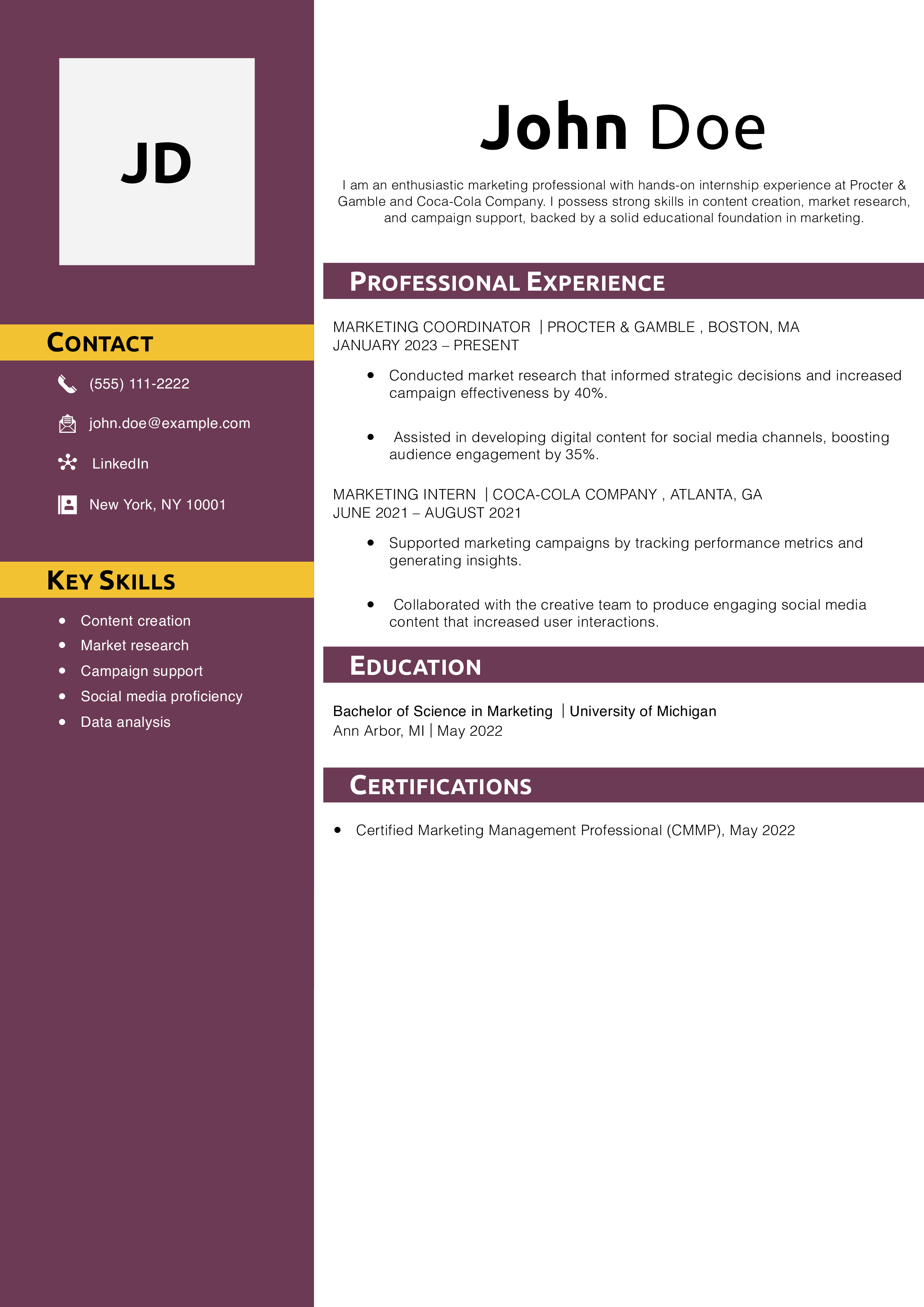 Marketing Coordinator Resume Example