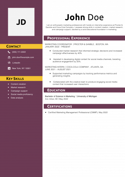 Marketing Coordinator Resume Example 
