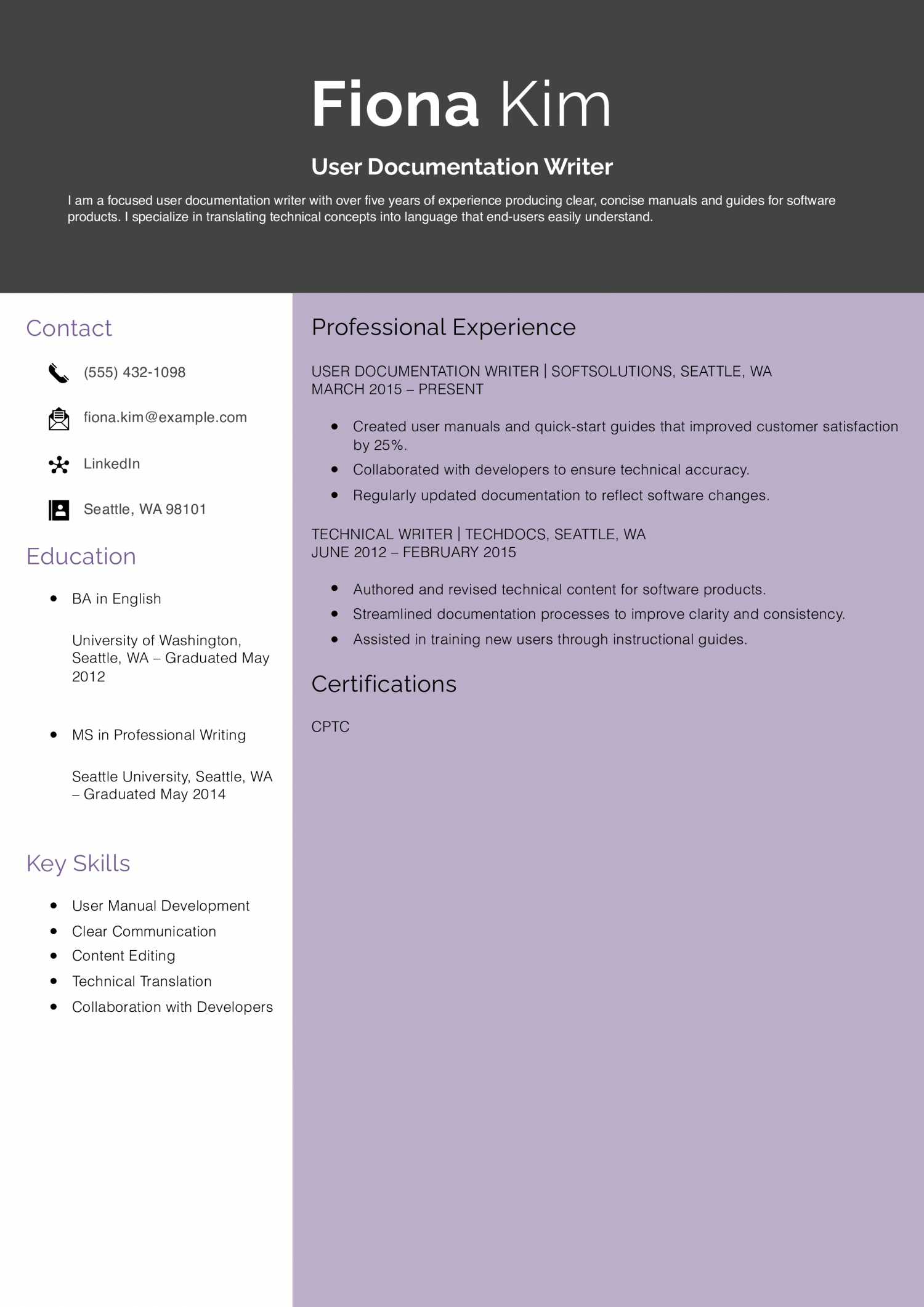 User Documentation Writer Resume Example