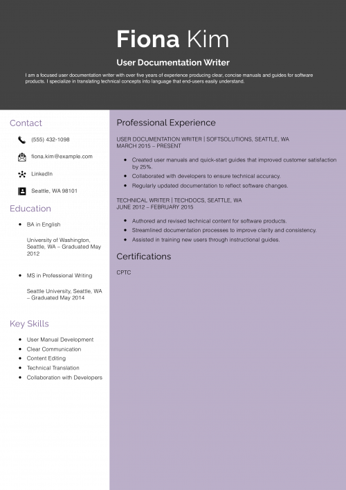 User Documentation Writer Resume Example