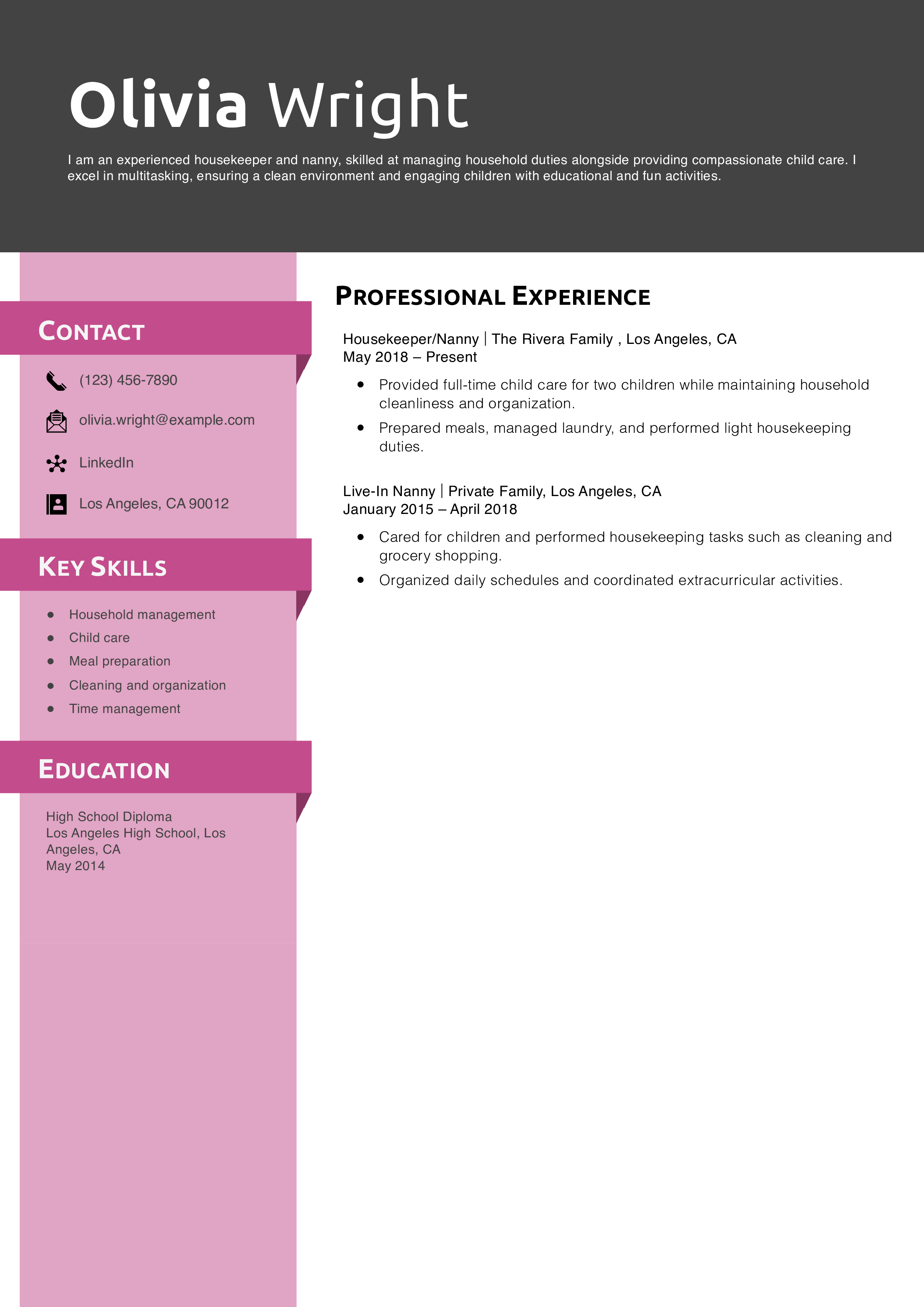 Housekeeper/Nanny Combo Resume Example
