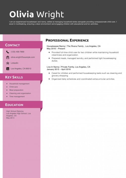 Housekeeper/Nanny Combo Resume Example