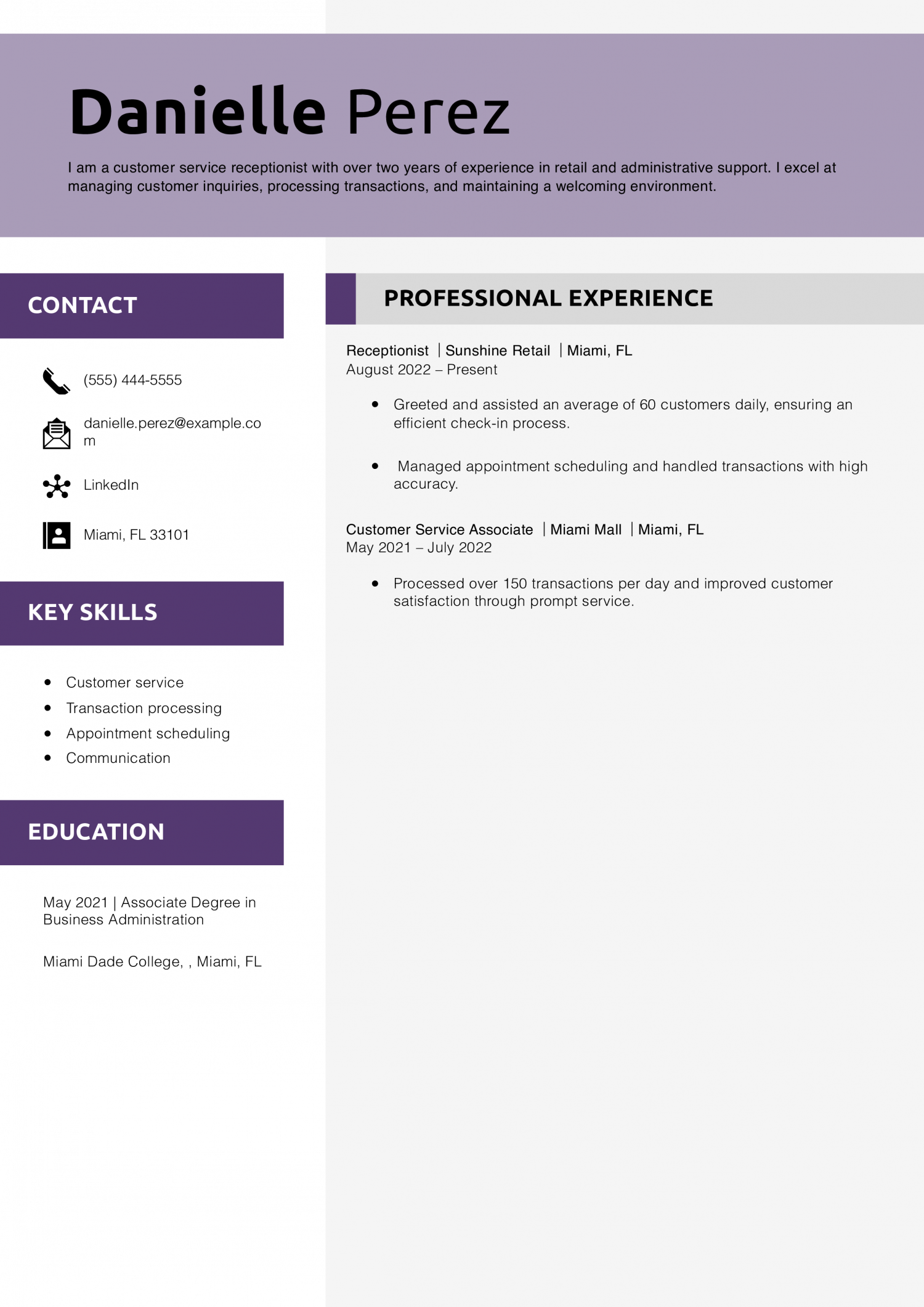 Customer Service Receptionist Resume Example