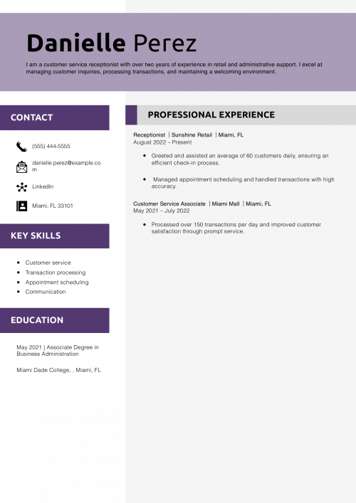 Customer Service Receptionist Resume Example 