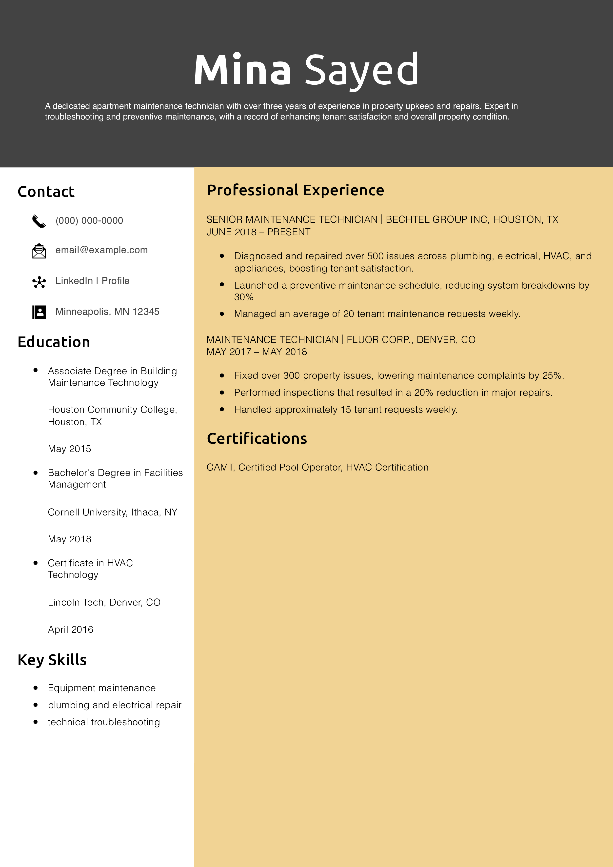 Apartment Maintenance Technician Resume Example