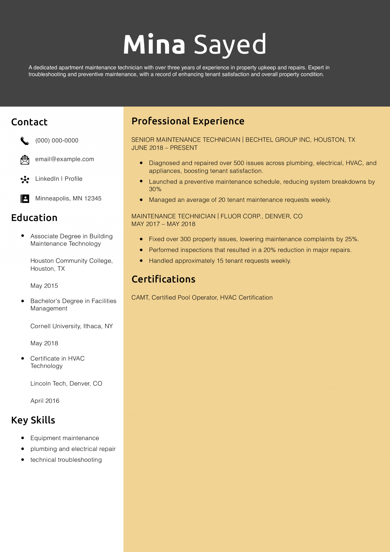 Apartment Maintenance Technician Resume Example