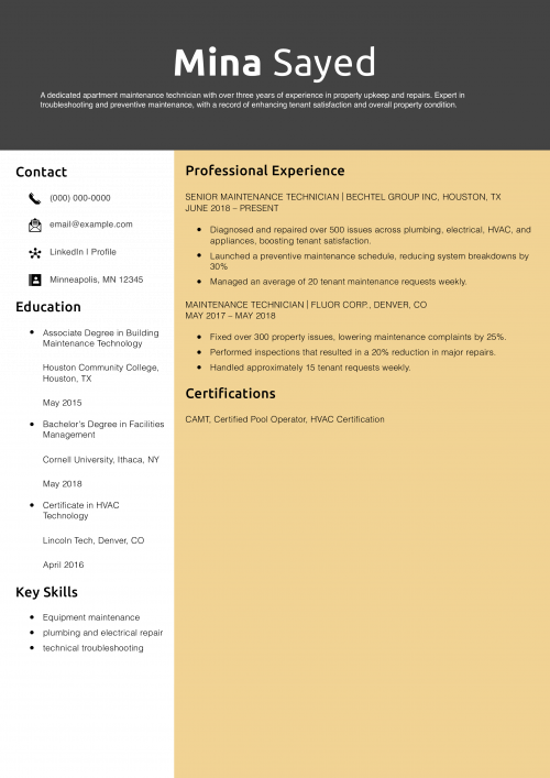 Apartment Maintenance Technician Resume Example