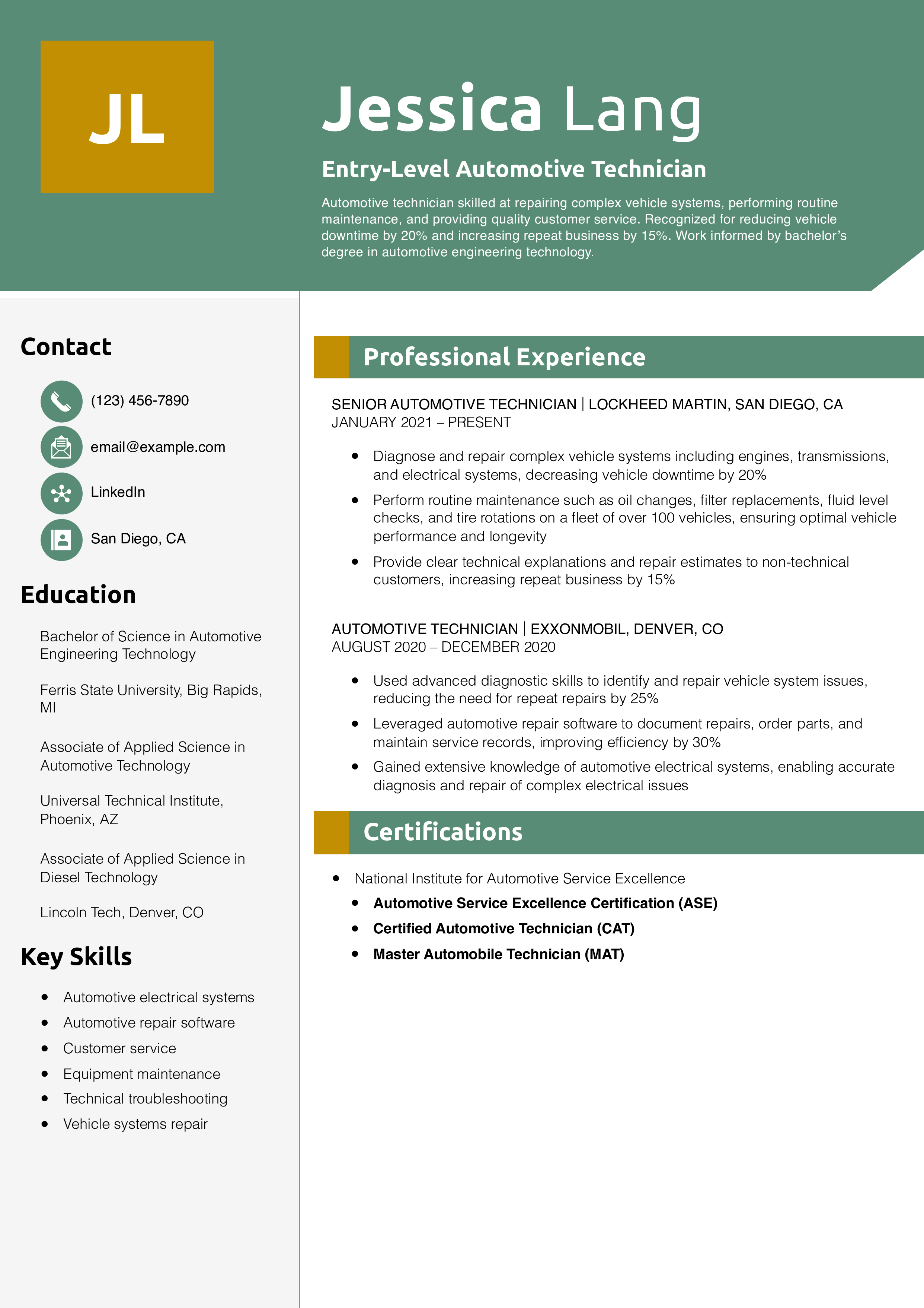 Entry-Level Automotive Technician Resume Example