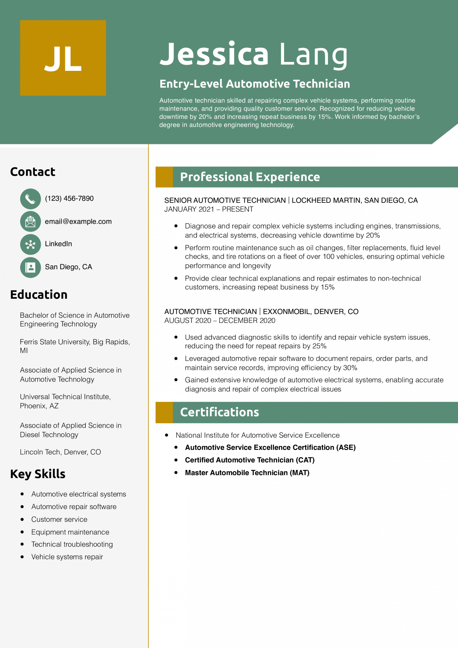 Entry-Level Automotive Technician Resume Example