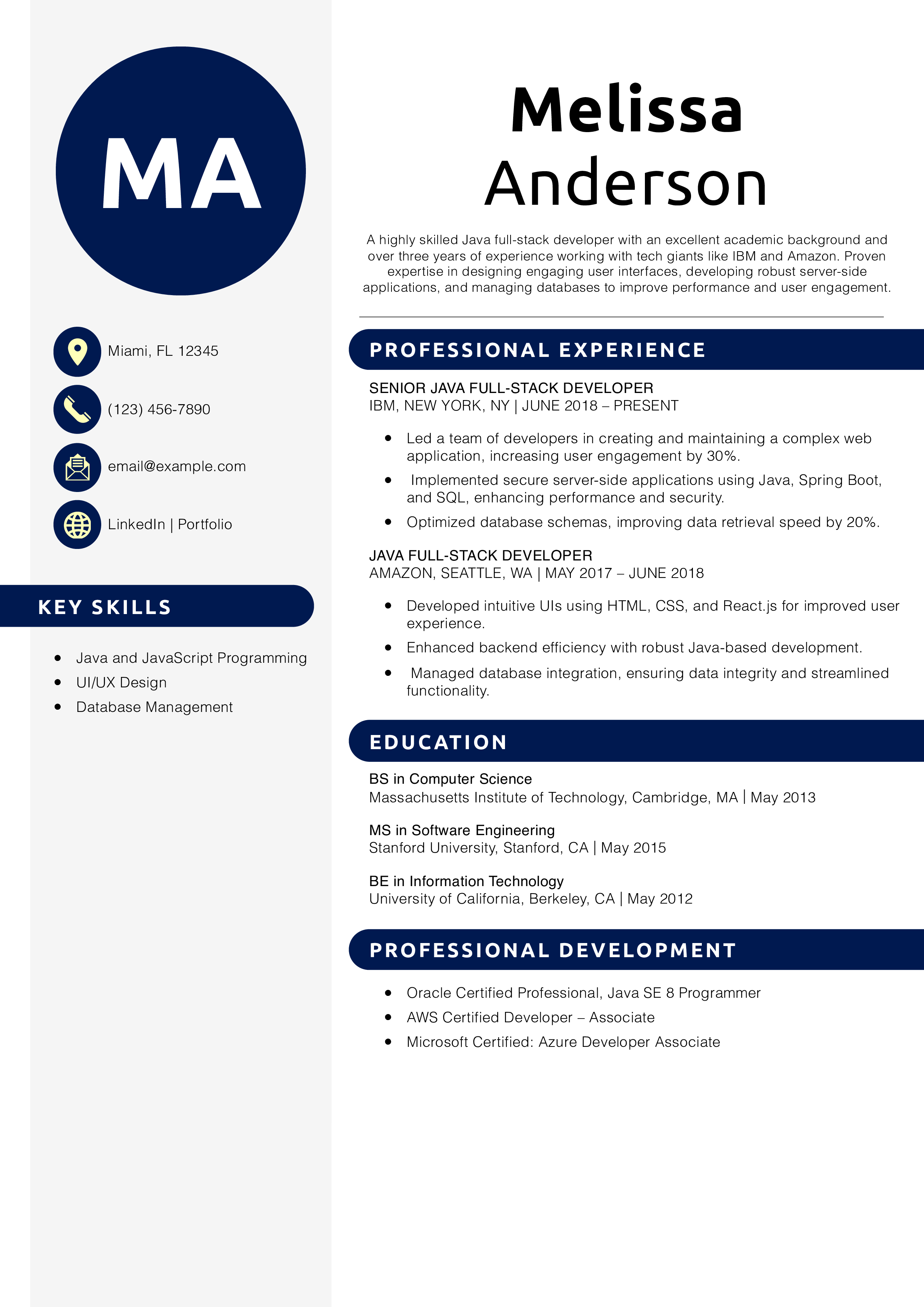 Java Full-Stack Developer Resume Example