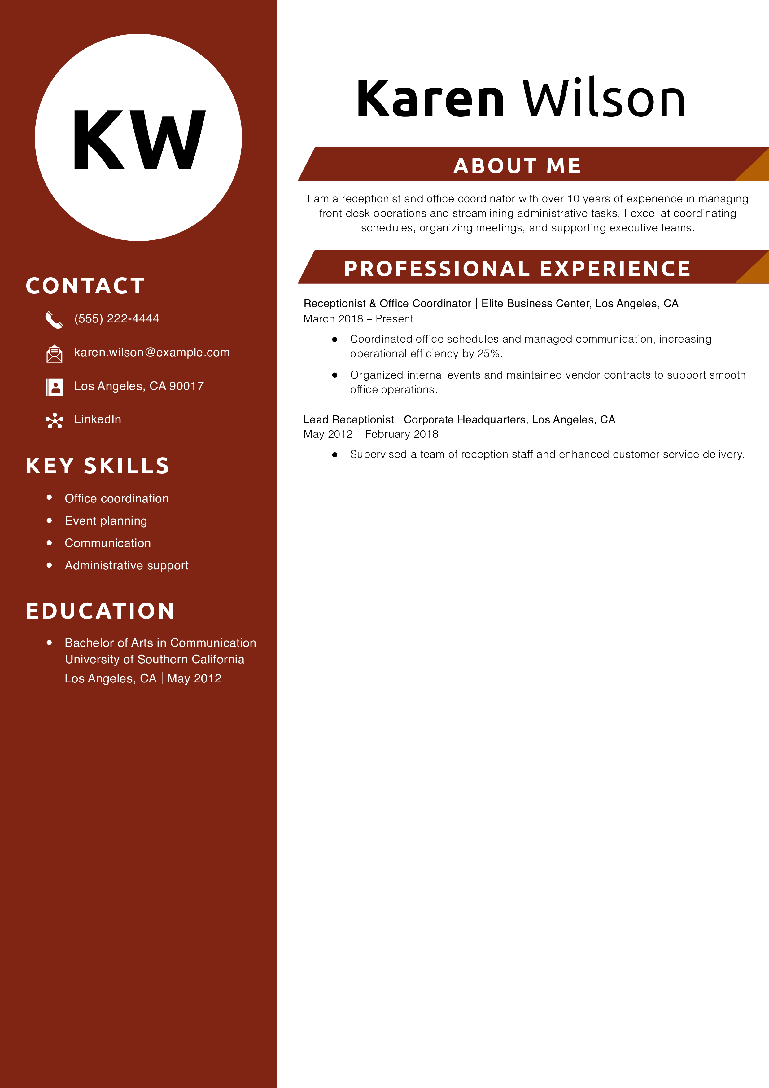 Receptionist & Office Coordinator Resume Example