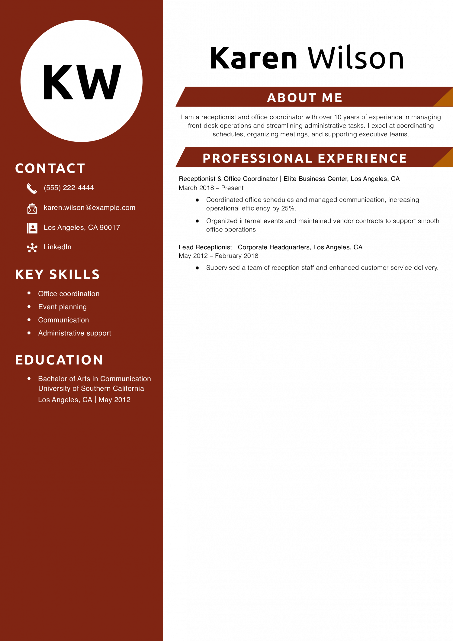 Receptionist & Office Coordinator Resume Example