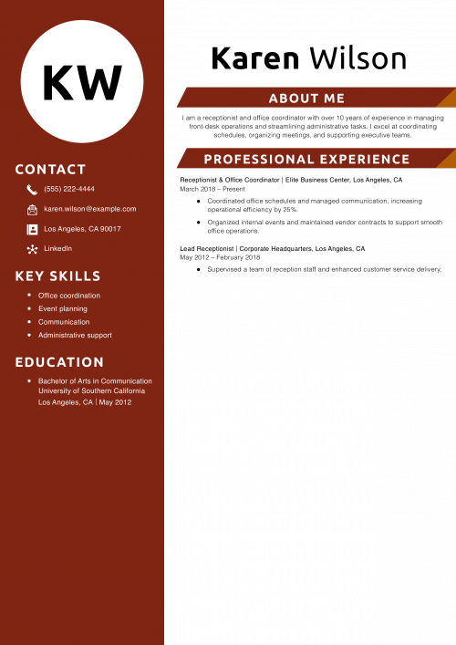 Receptionist & Office Coordinator Resume Example