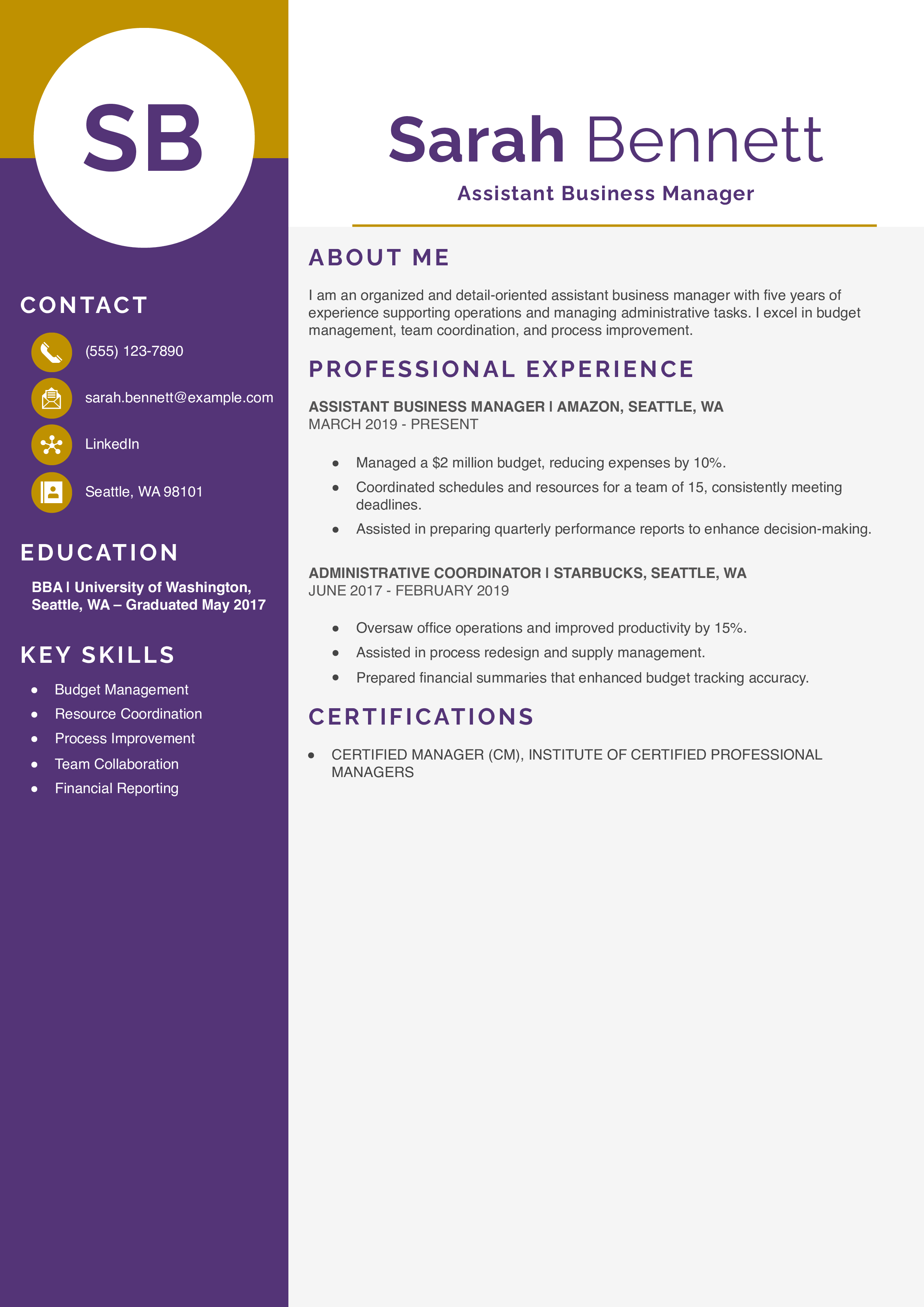 Assistant Business Manager Resume Example