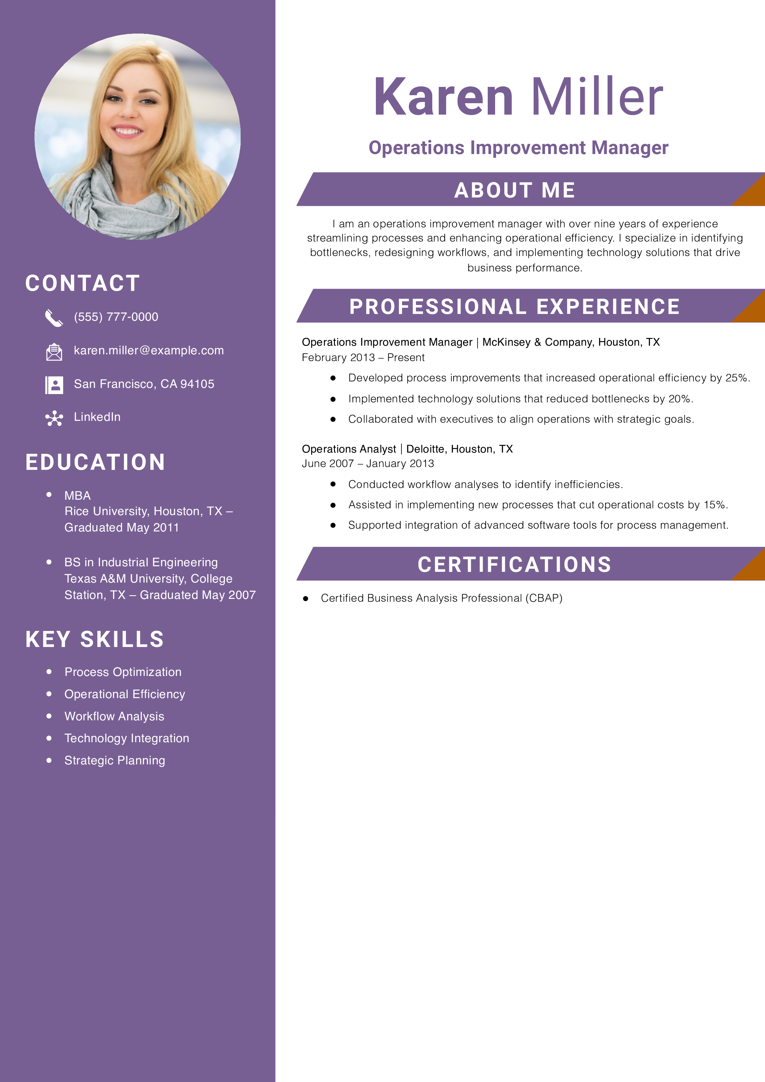 Operations Improvement Manager Resume Example