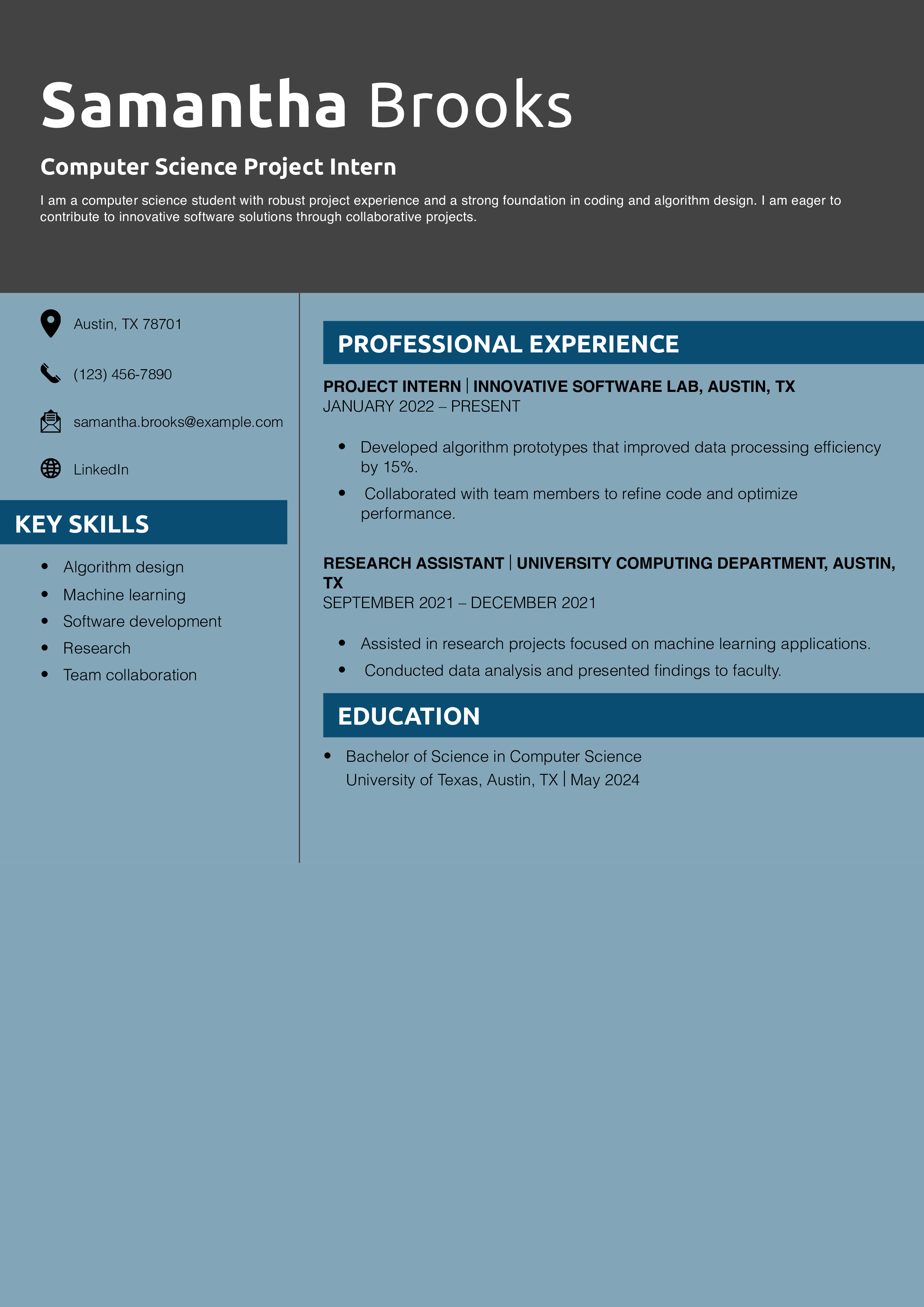 Computer Science Project Intern Resume Example