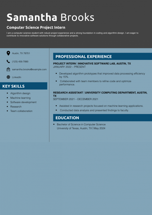 Computer Science Project Intern Resume Example