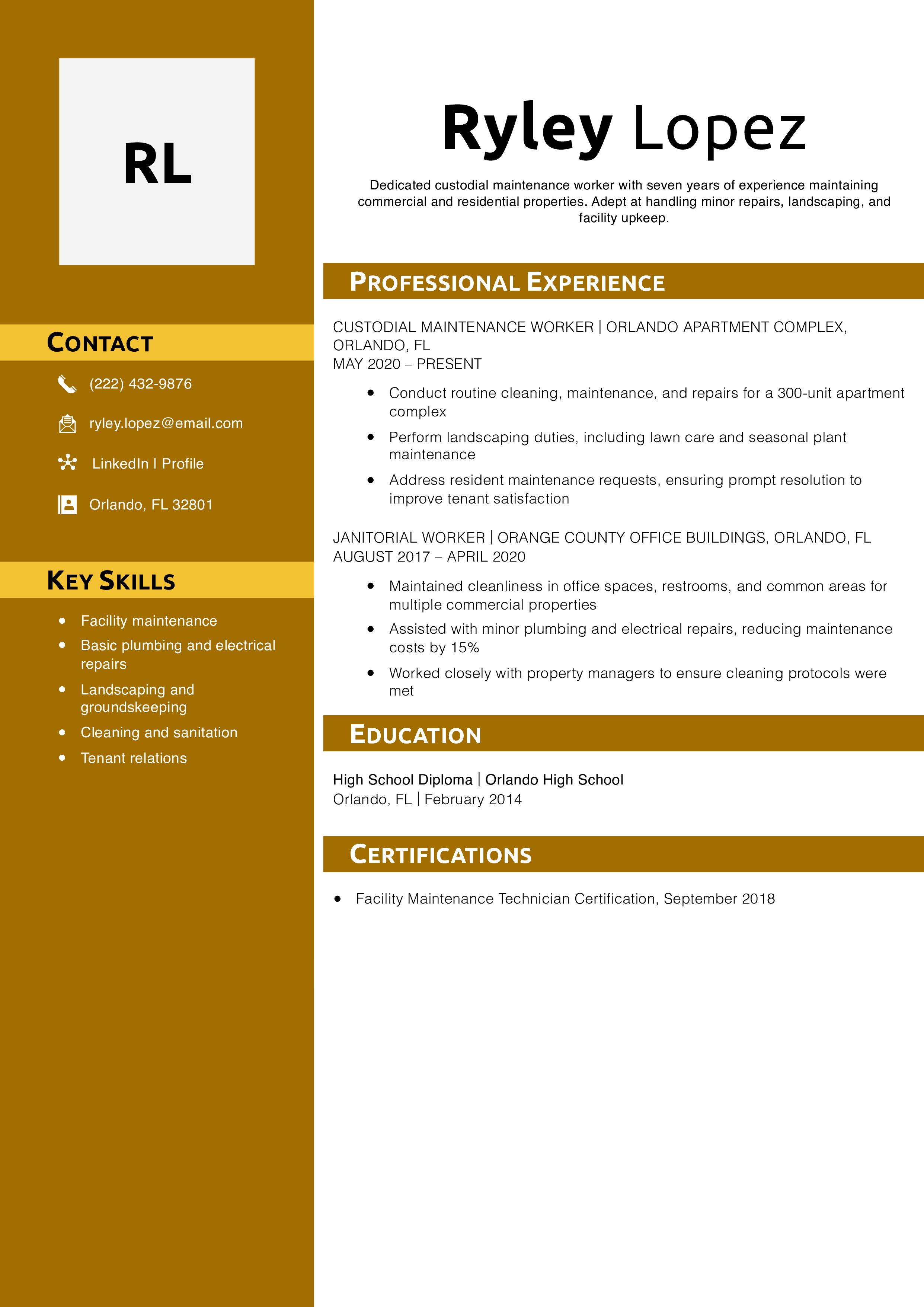 Custodial Maintenance Resume Example