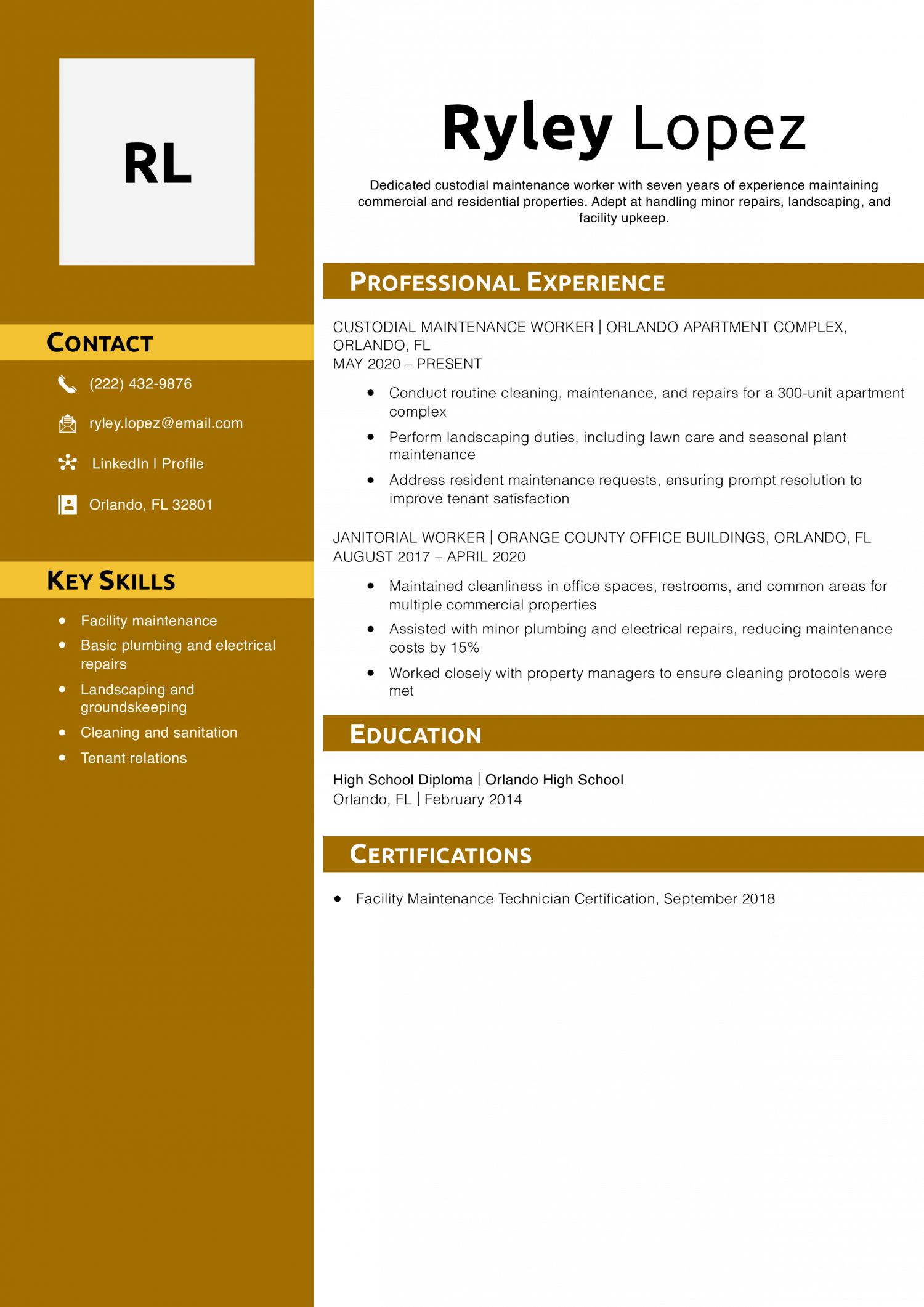 Custodial Maintenance Resume Example