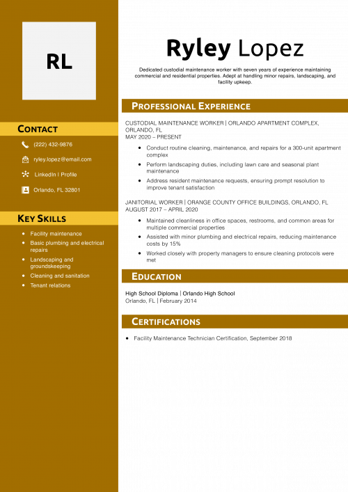 Custodial Maintenance Resume Example