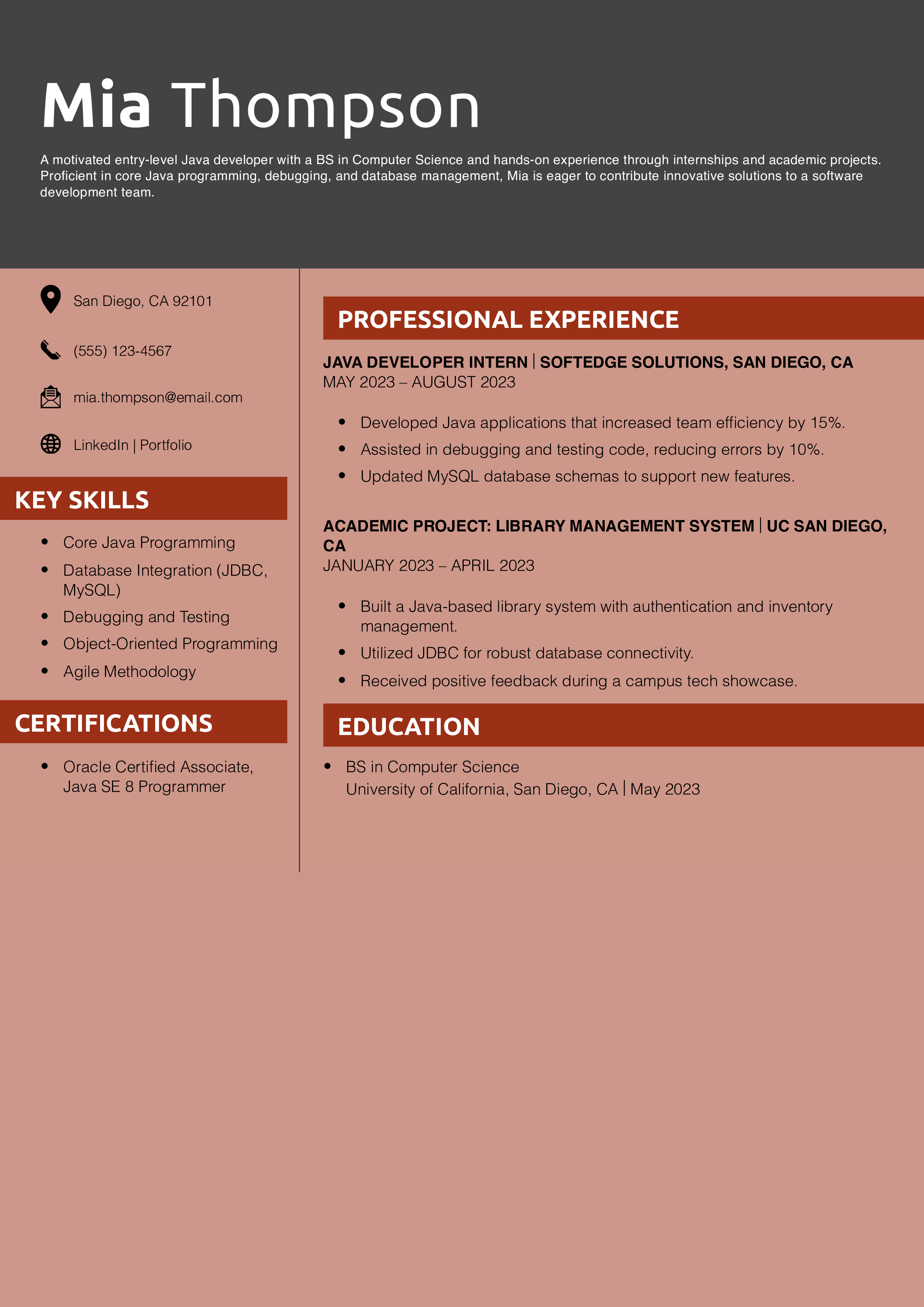 Entry-Level Java Developer Resume Example