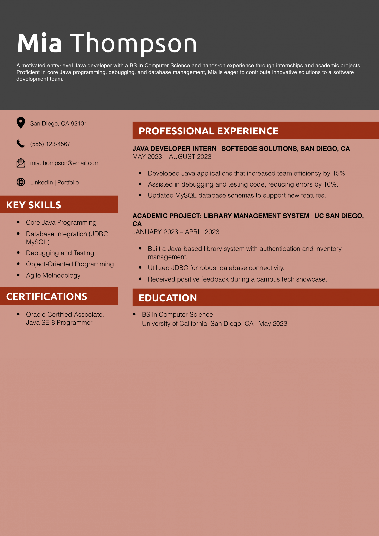Entry-Level Java Developer Resume Example