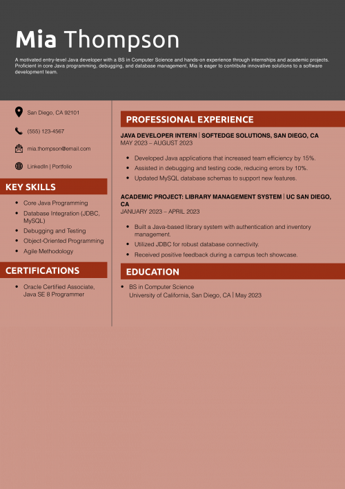 Entry-Level Java Developer Resume Example