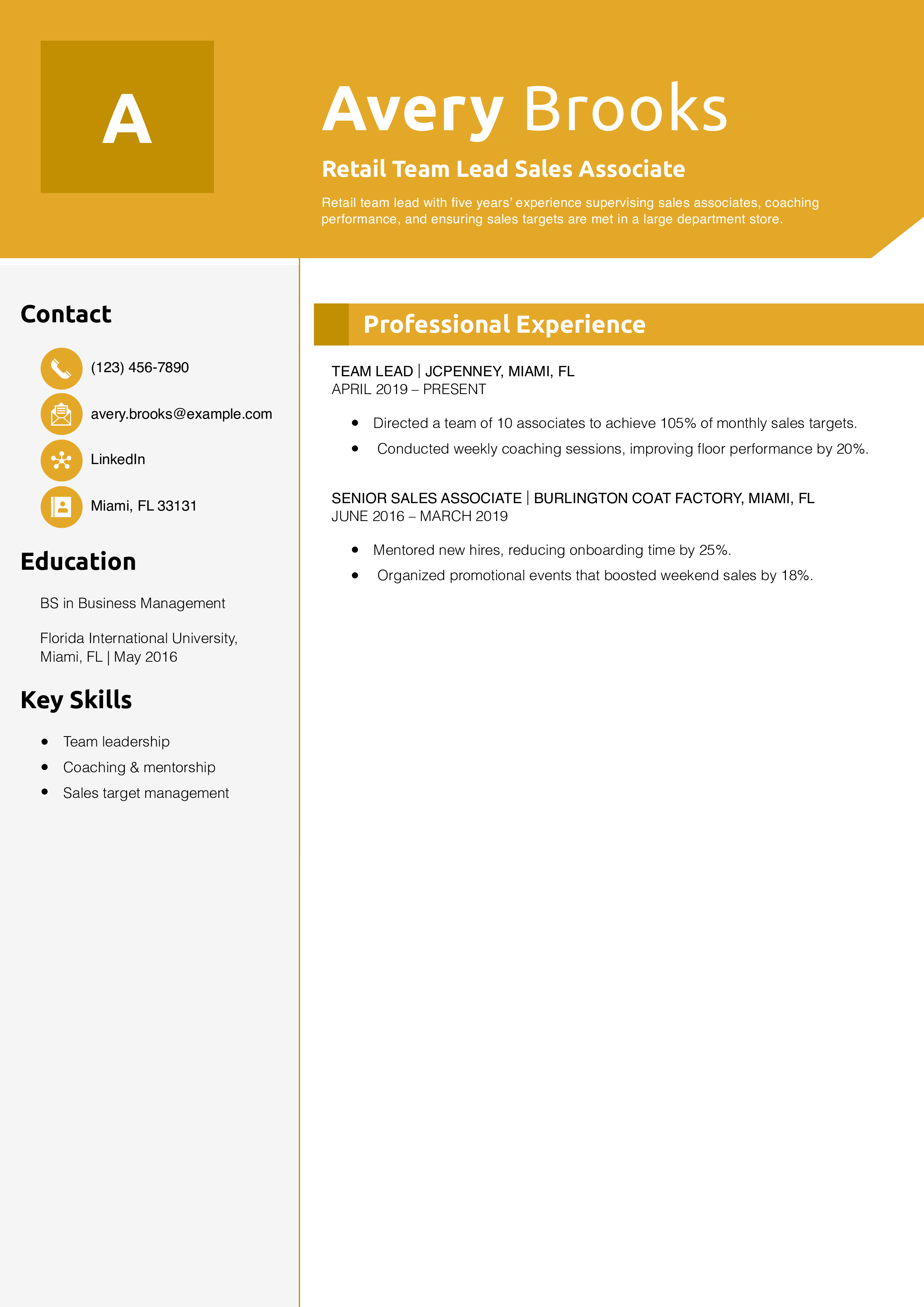 Retail Team Lead Sales Associate Resume Example