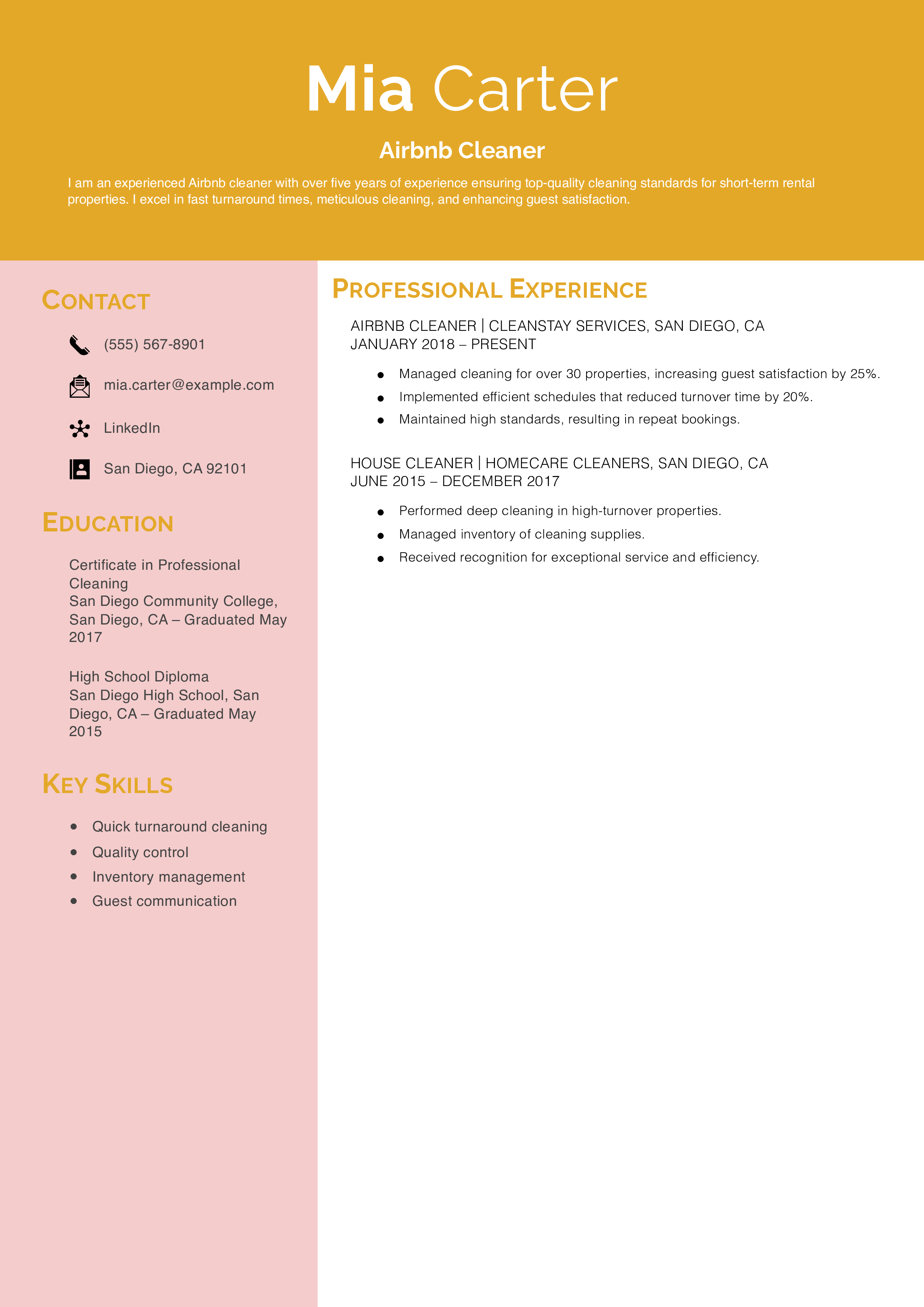 Airbnb Cleaner Resume Example