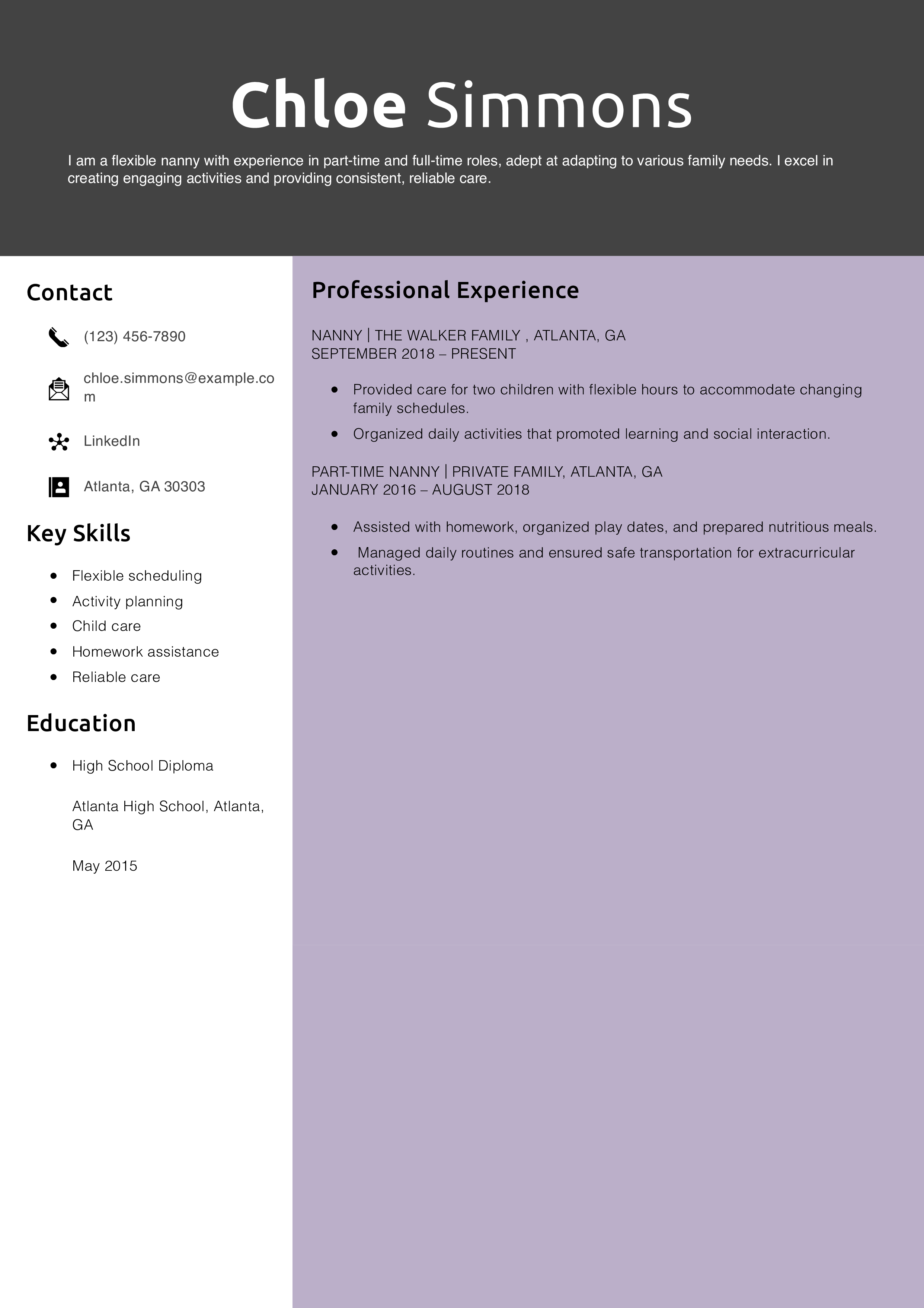 Flexible Nanny Resume Example